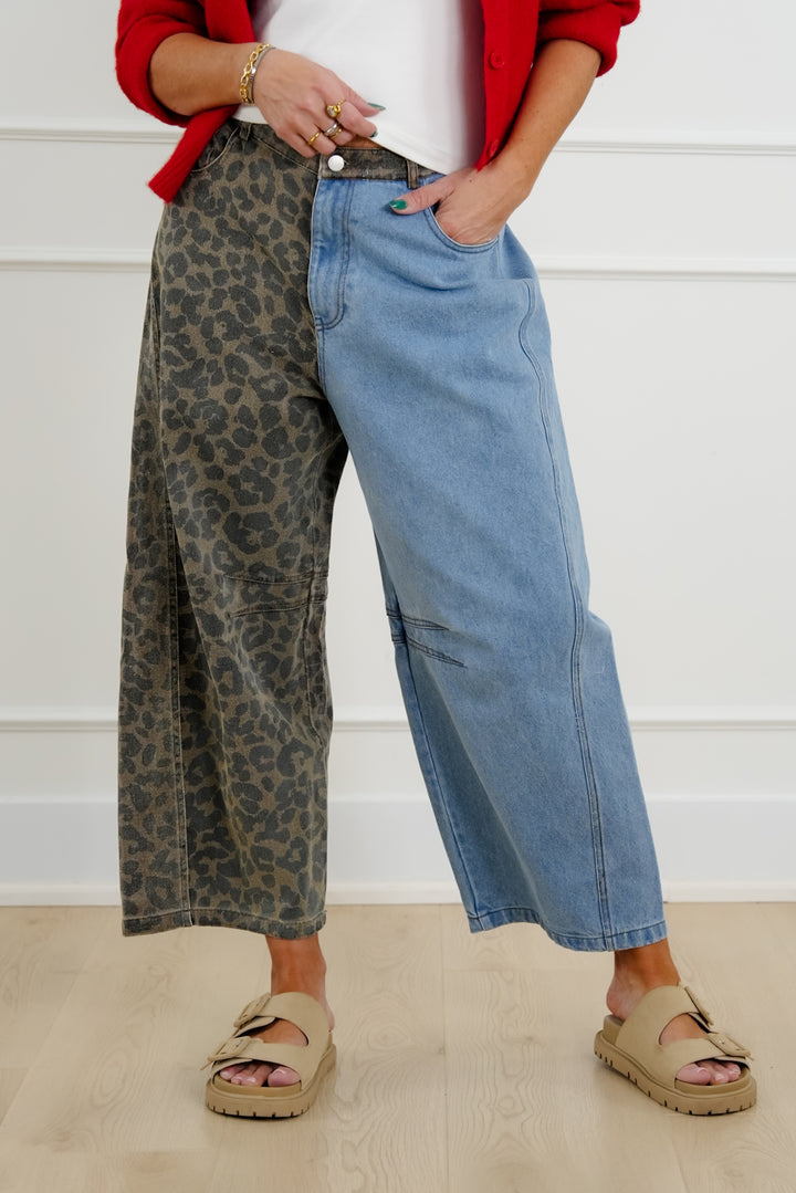 Plus/Reg Denim Leopard Print High Rise Wide Leg Pants