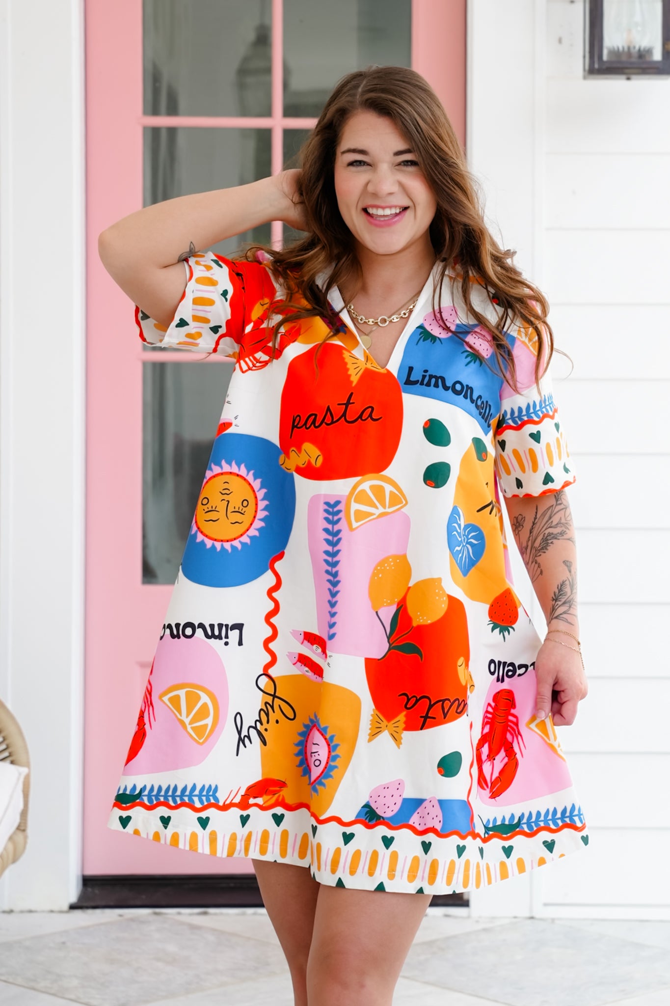 Plus/Reg Sicily Print Short Sleeve V-Neck Dress