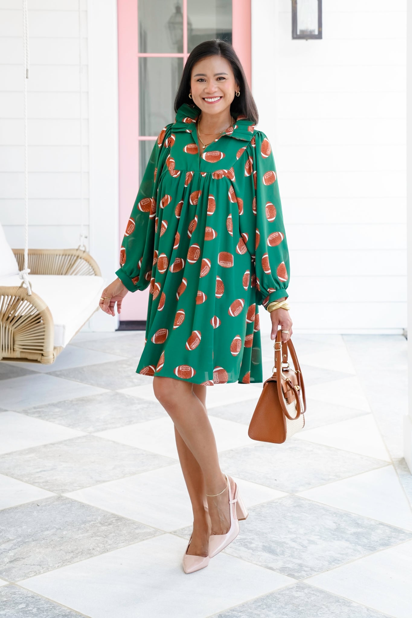 Plus/Reg Football Print Long Sleeve V Neck Midi Dress