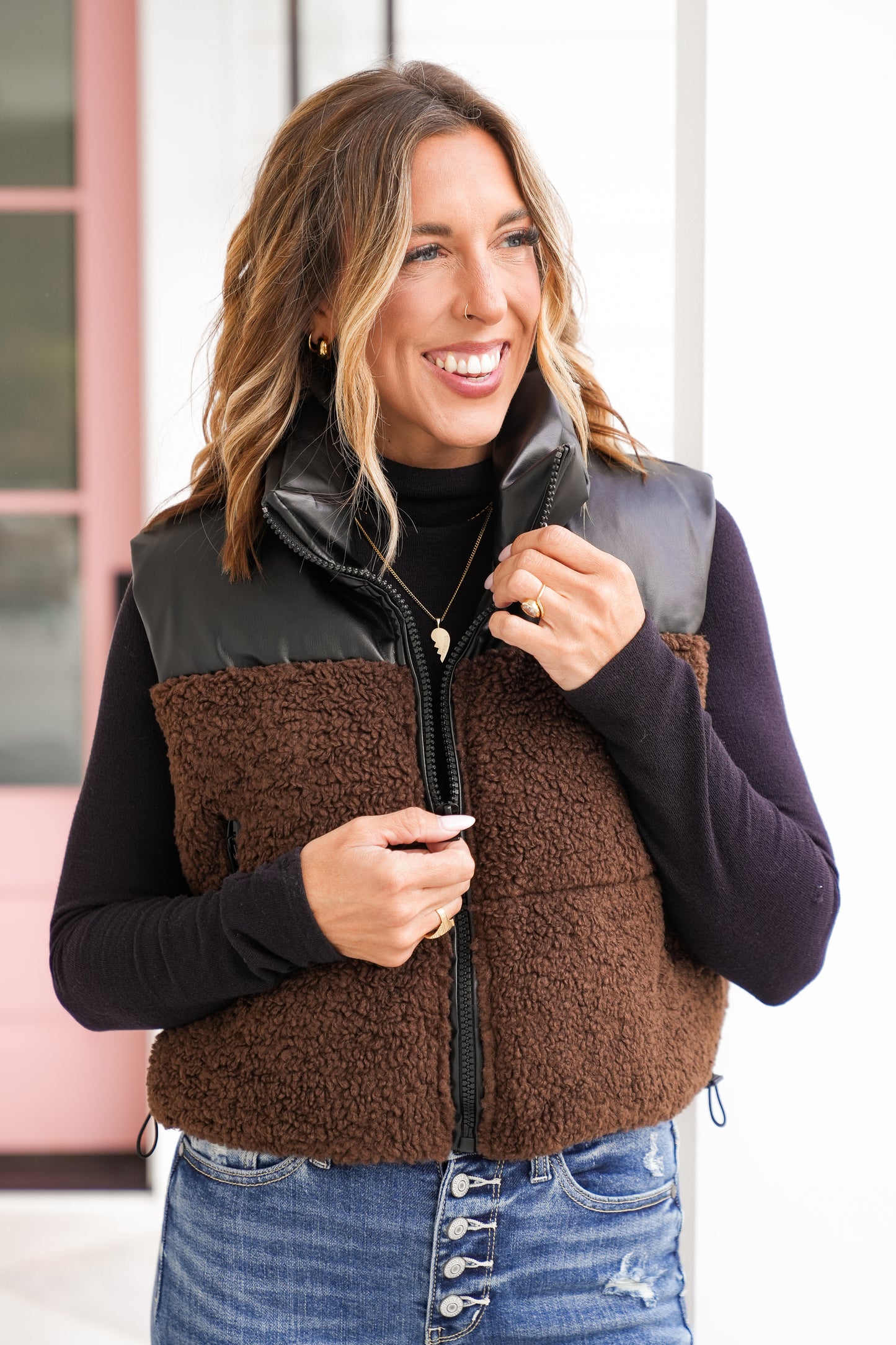 Vegan Leather and Sherpa Zip Up Puffer Vest