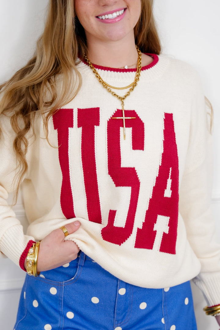 Knit Long Sleeve "USA" Crew Neck Sweater - Freckled Poppy