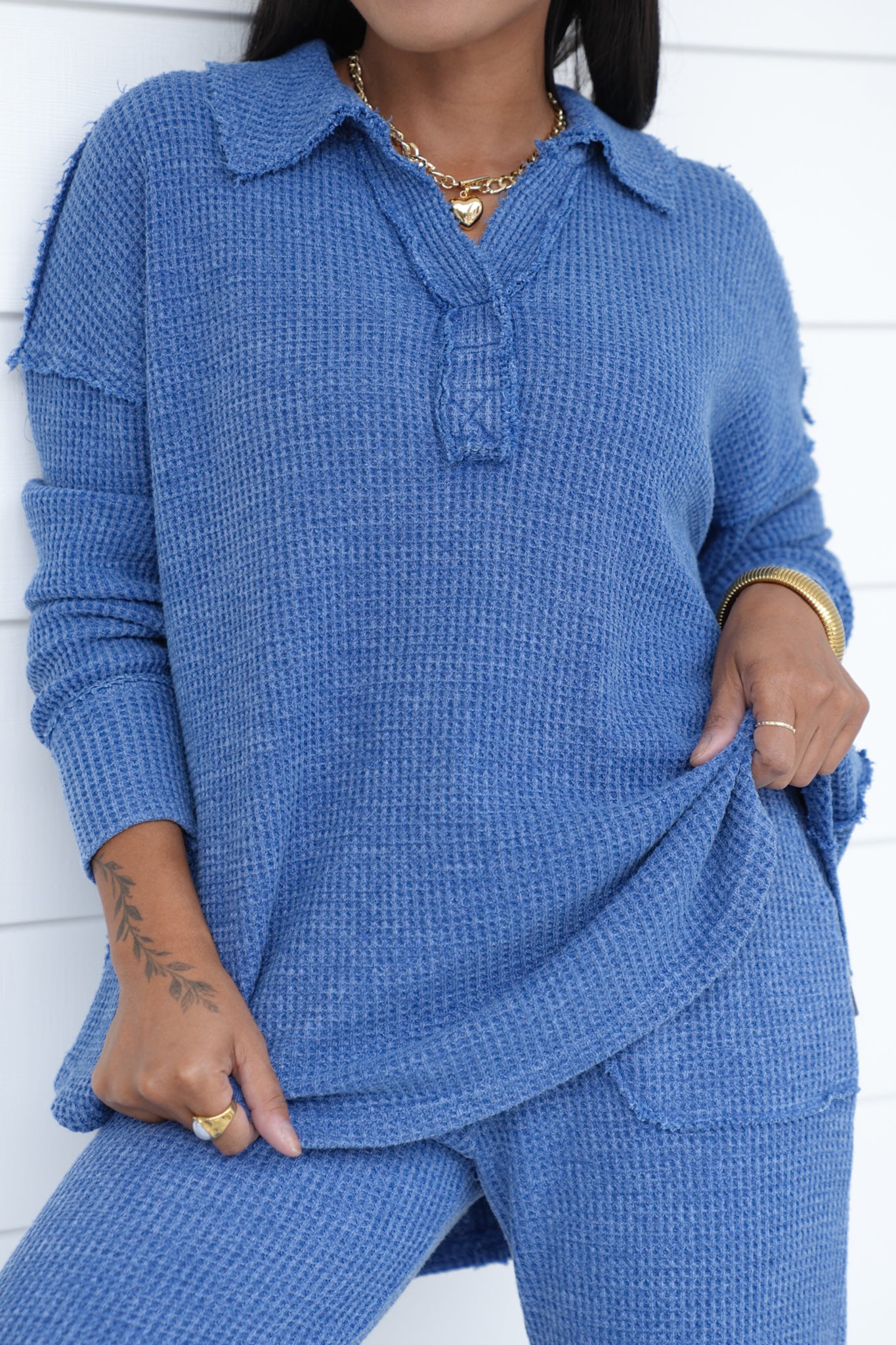 Mineral Washed Waffle Knit Long Sleeve Top