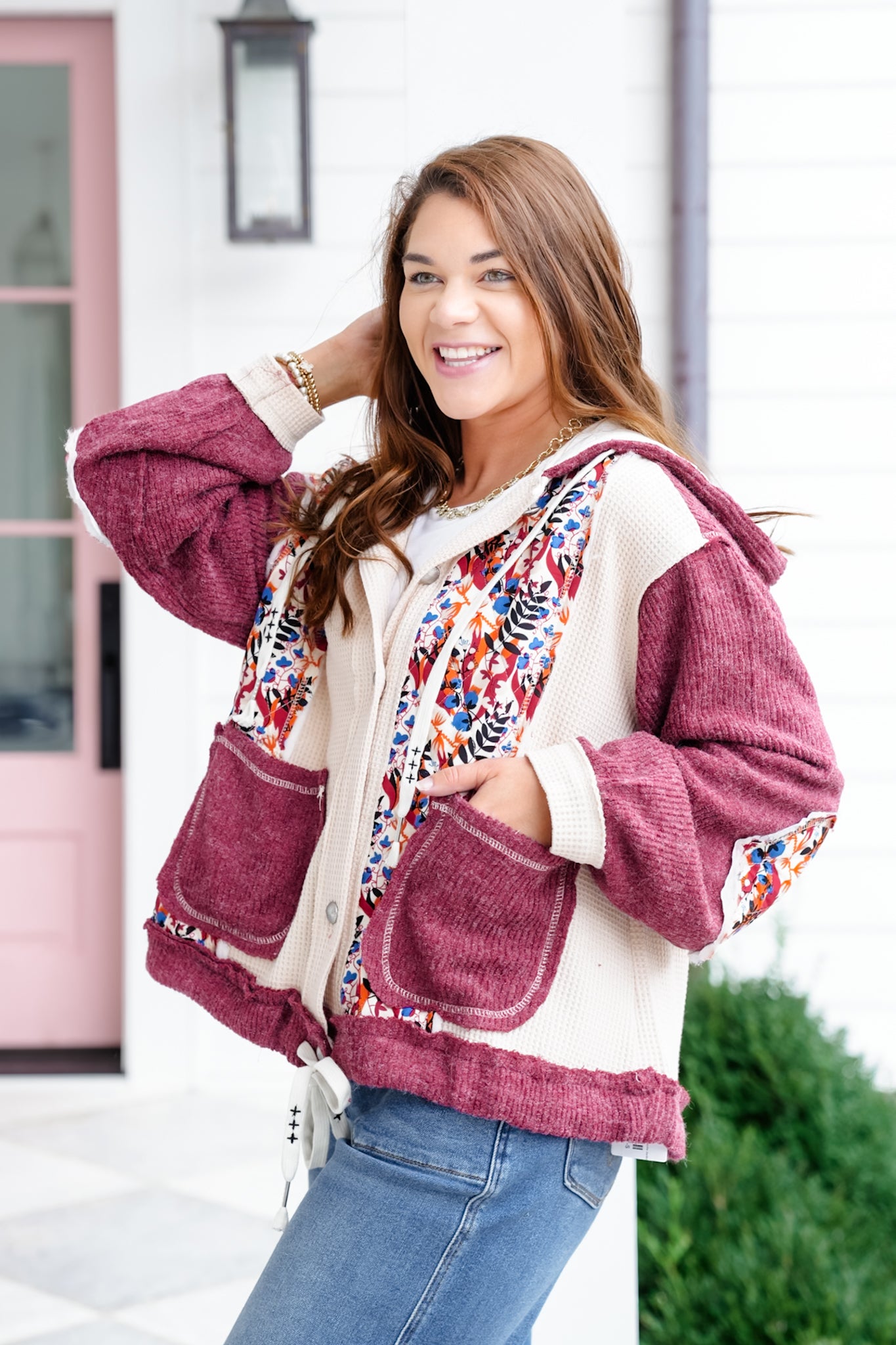 POL Floral Print Long Sleeve Button Up Hoodie Jacket