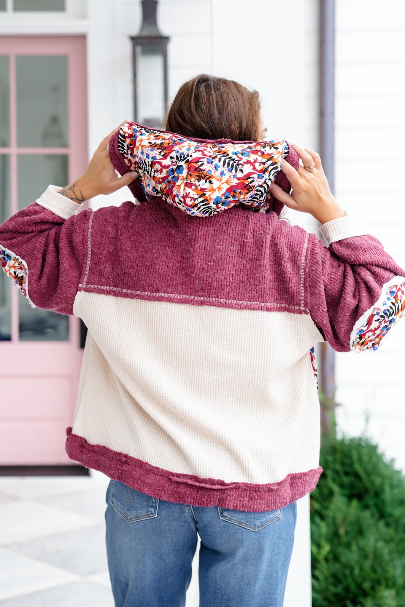 POL Floral Print Long Sleeve Button Up Hoodie Jacket