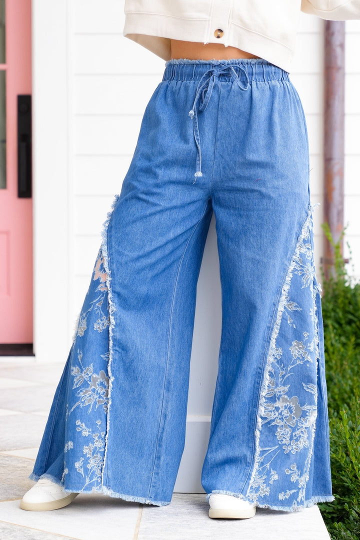 Medium Wash Elastic Waist Wide Leg Pants with Floral Panels - Freckled Poppy