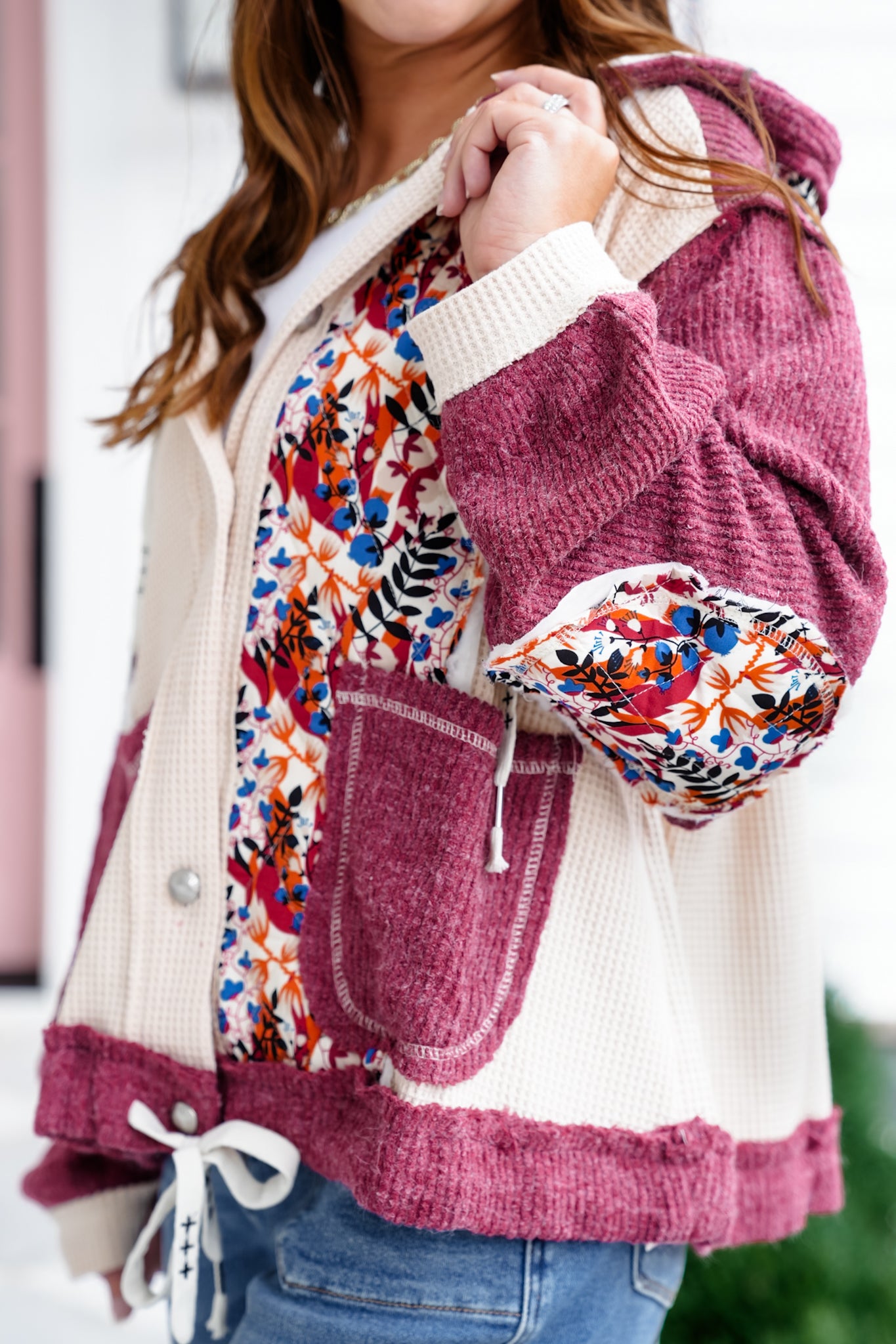 POL Floral Print Long Sleeve Button Up Hoodie Jacket