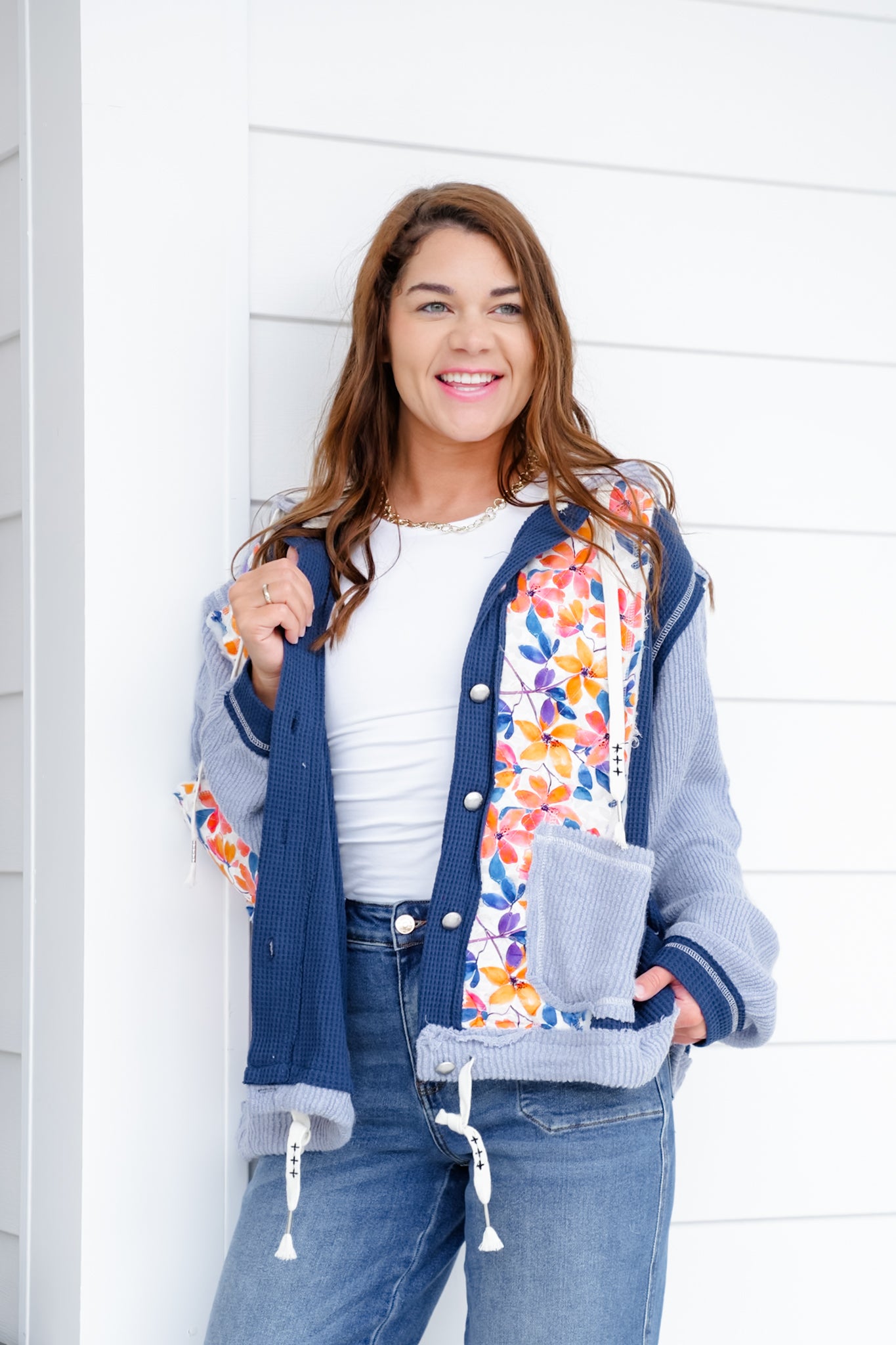 POL Floral Print Long Sleeve Button Up Hoodie Jacket