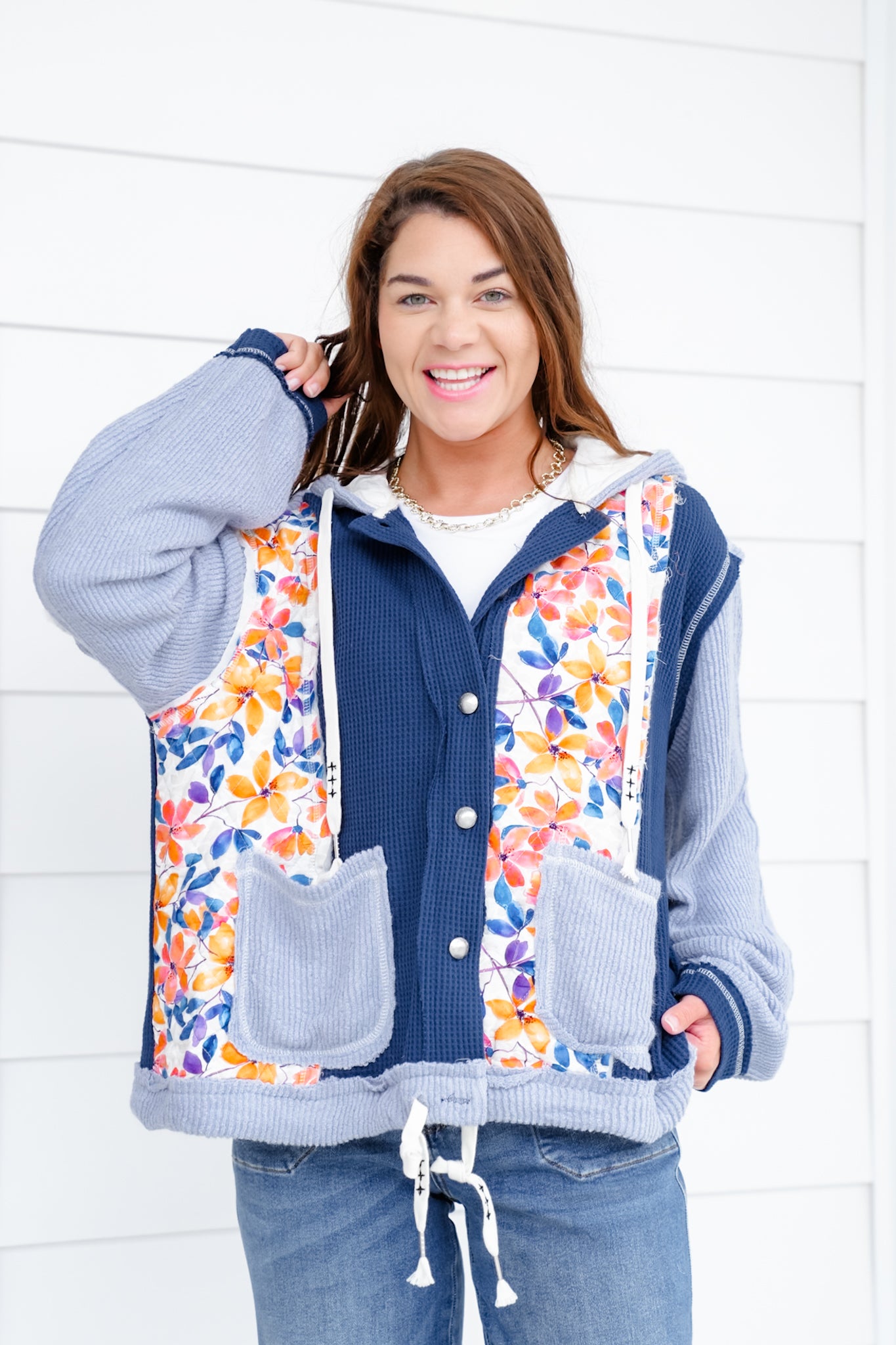 POL Floral Print Long Sleeve Button Up Hoodie Jacket