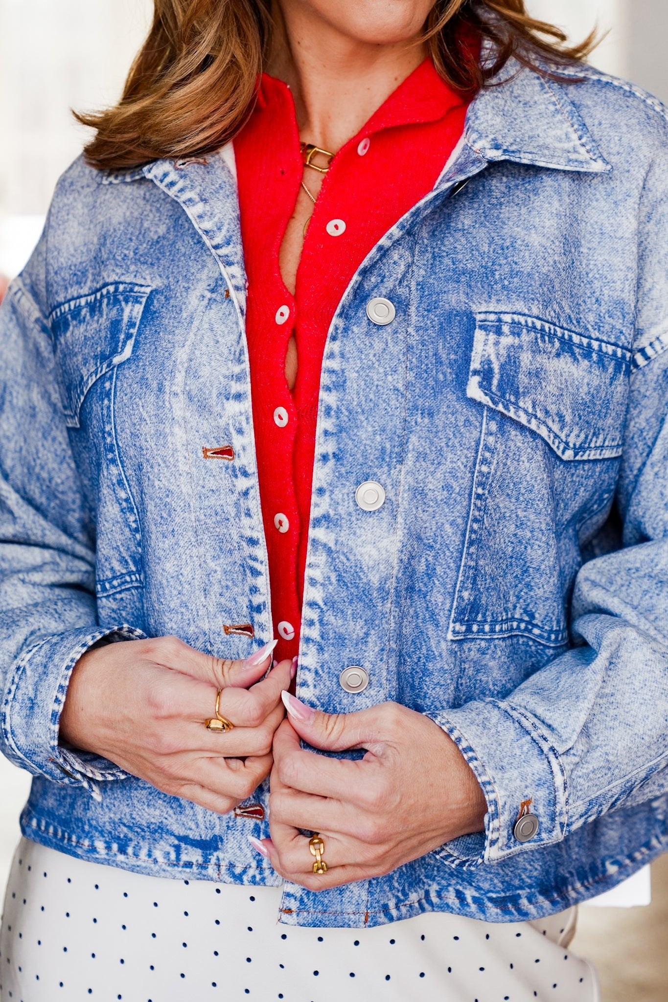 Acid Wash Print Long Sleeve Button Down Shacket - Freckled Poppy