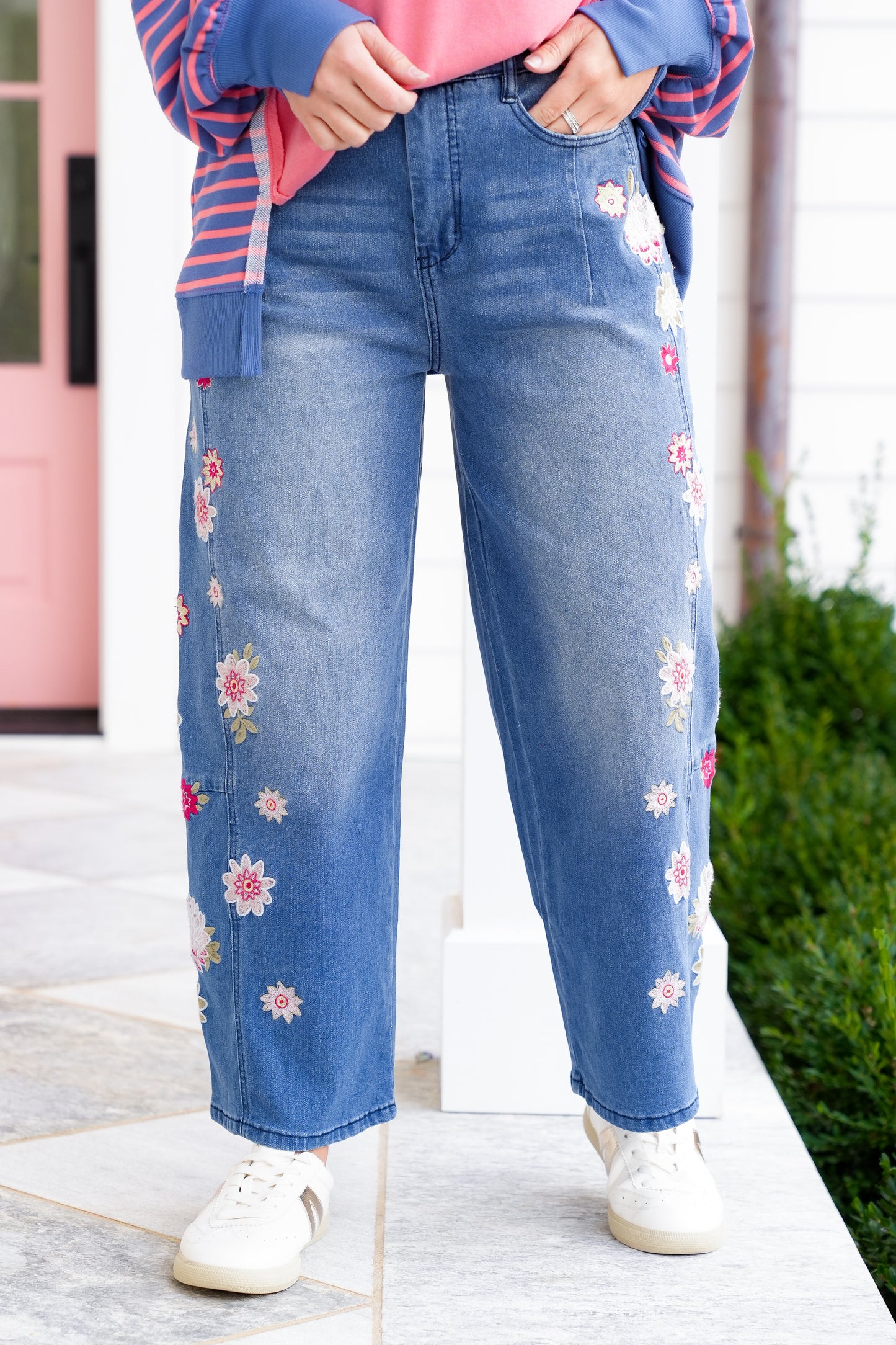 Medium Wash Denim Jeans with Floral Embroidery