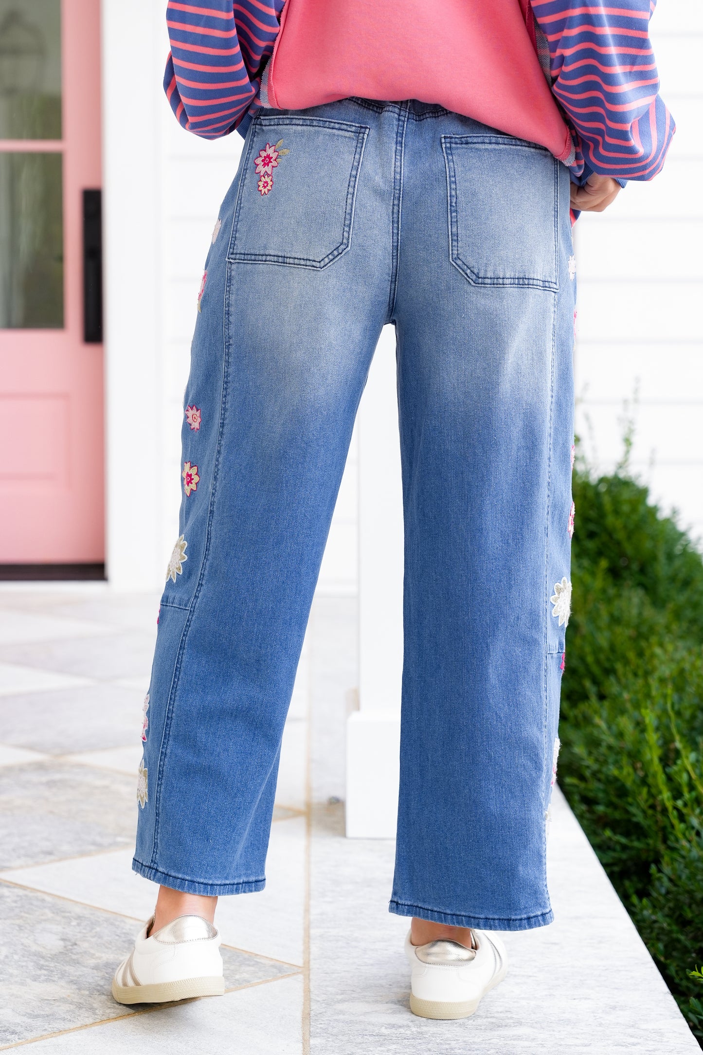 Medium Wash Denim Jeans with Floral Embroidery