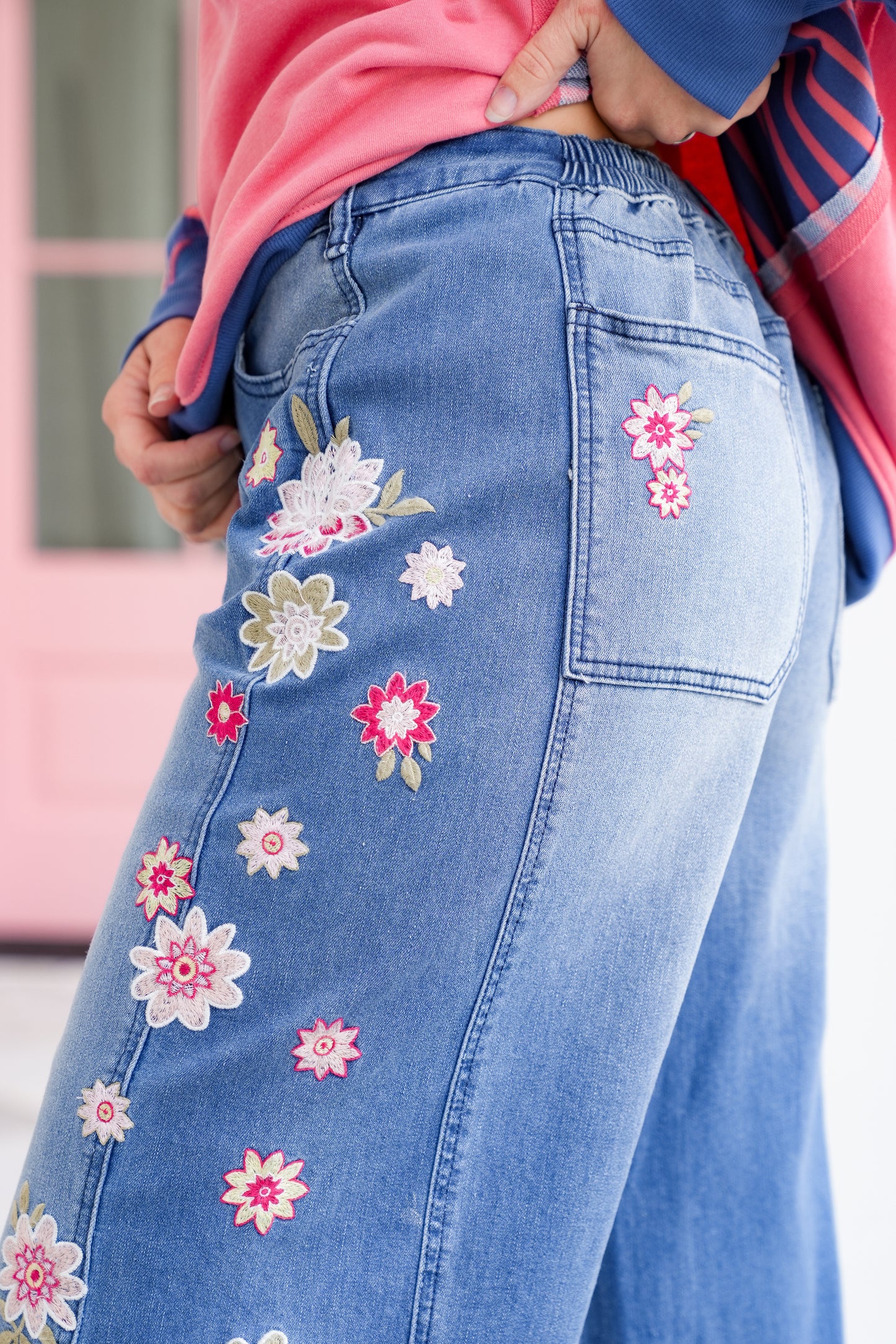 Medium Wash Denim Jeans with Floral Embroidery