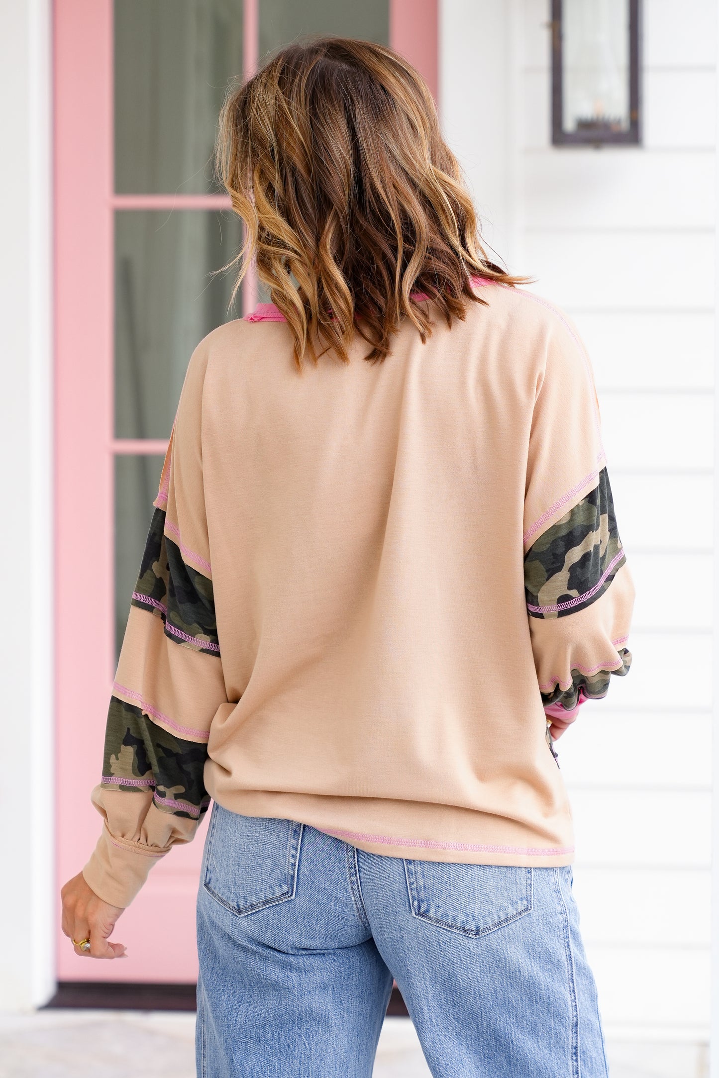Color Block Long Sleeve Top with Camo