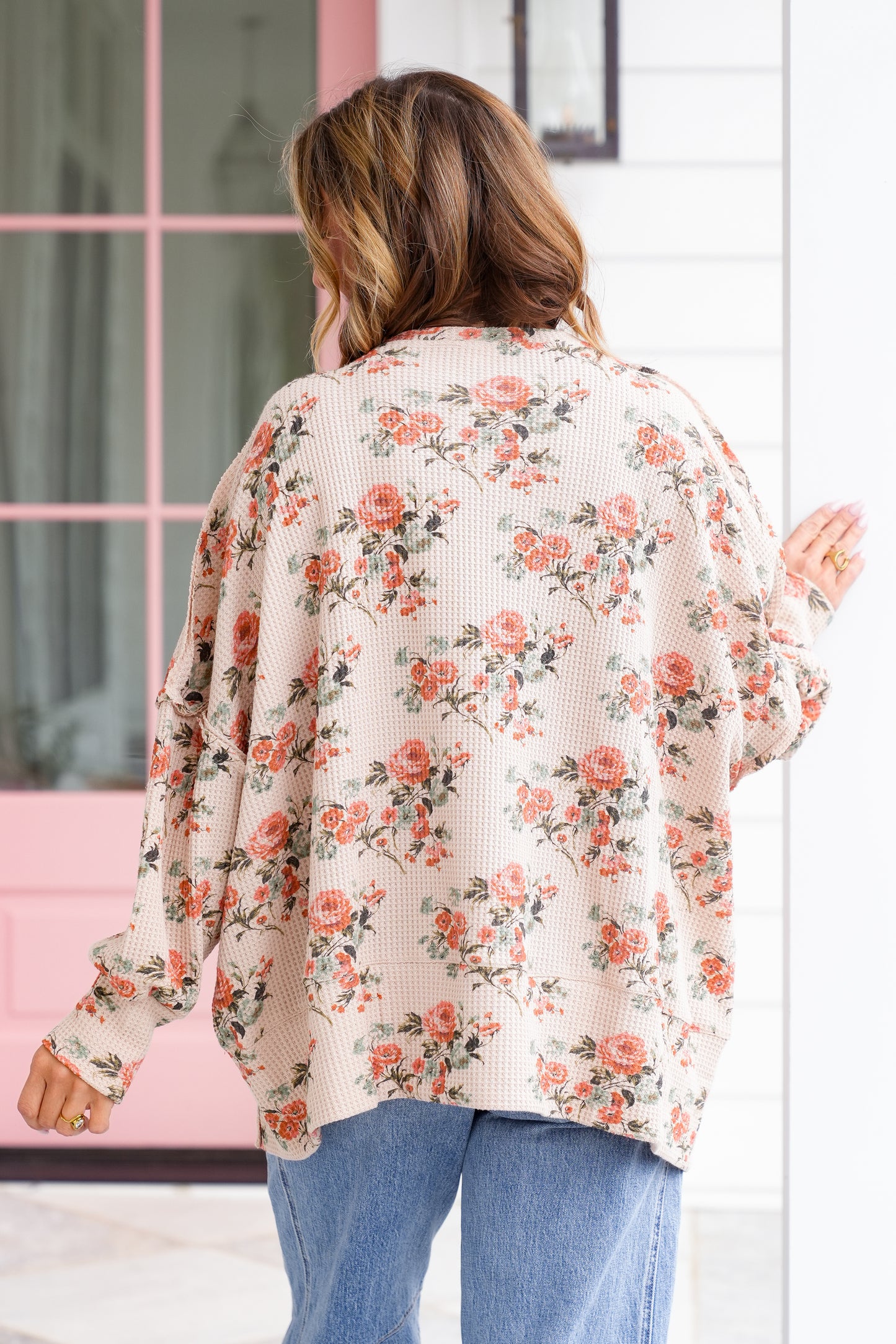 Floral Waffle Knit Long Sleeve Pullover Top