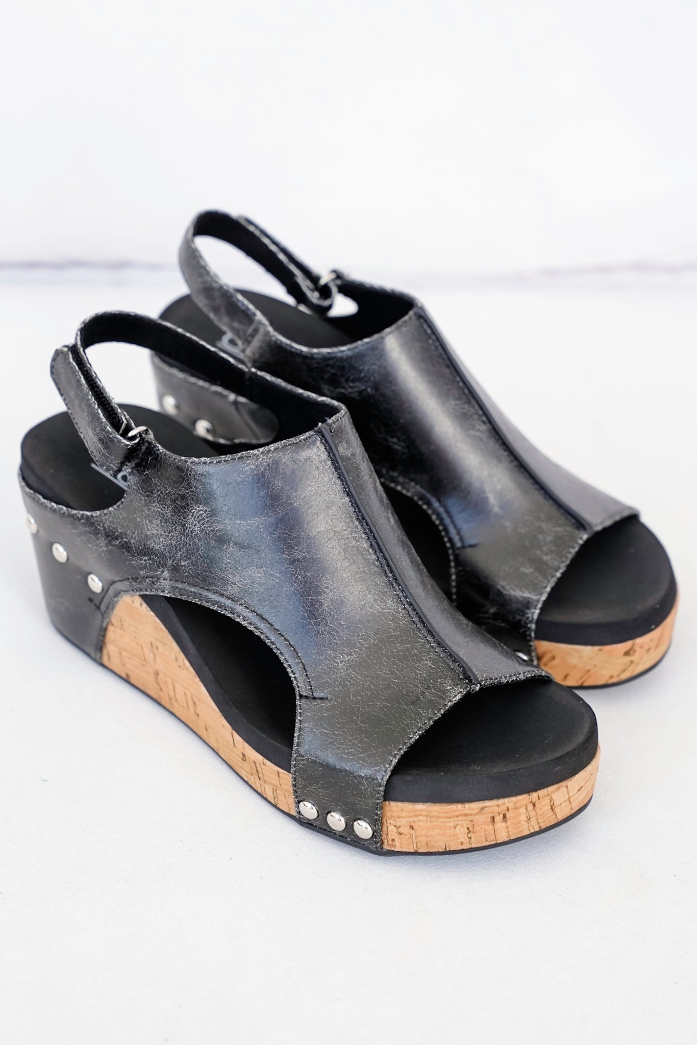 Corky's "Carley" Crackle Vegan Leather Wedge Sandal with Cork Platform and Stud Accents