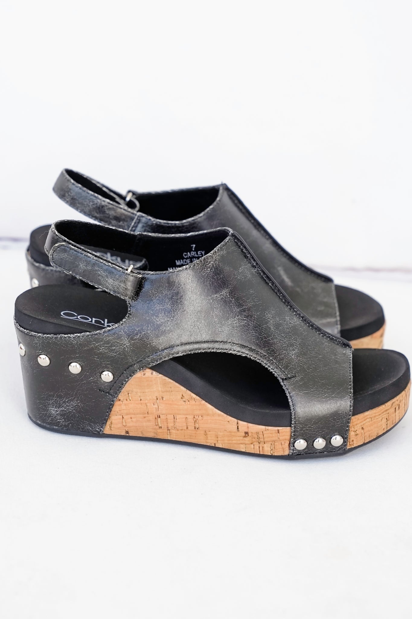 Corky's "Carley" Crackle Vegan Leather Wedge Sandal with Cork Platform and Stud Accents