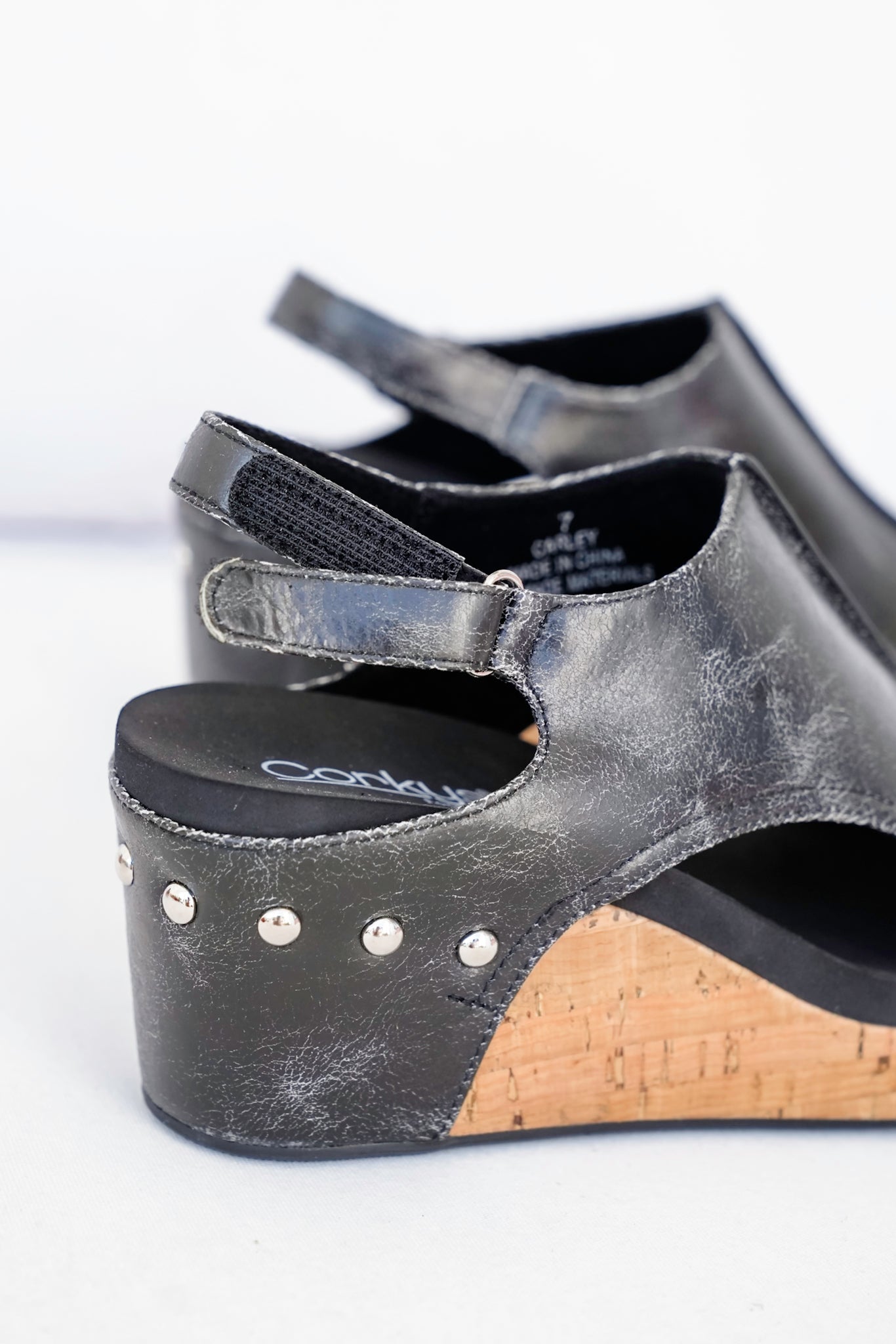 Corky's "Carley" Crackle Vegan Leather Wedge Sandal with Cork Platform and Stud Accents