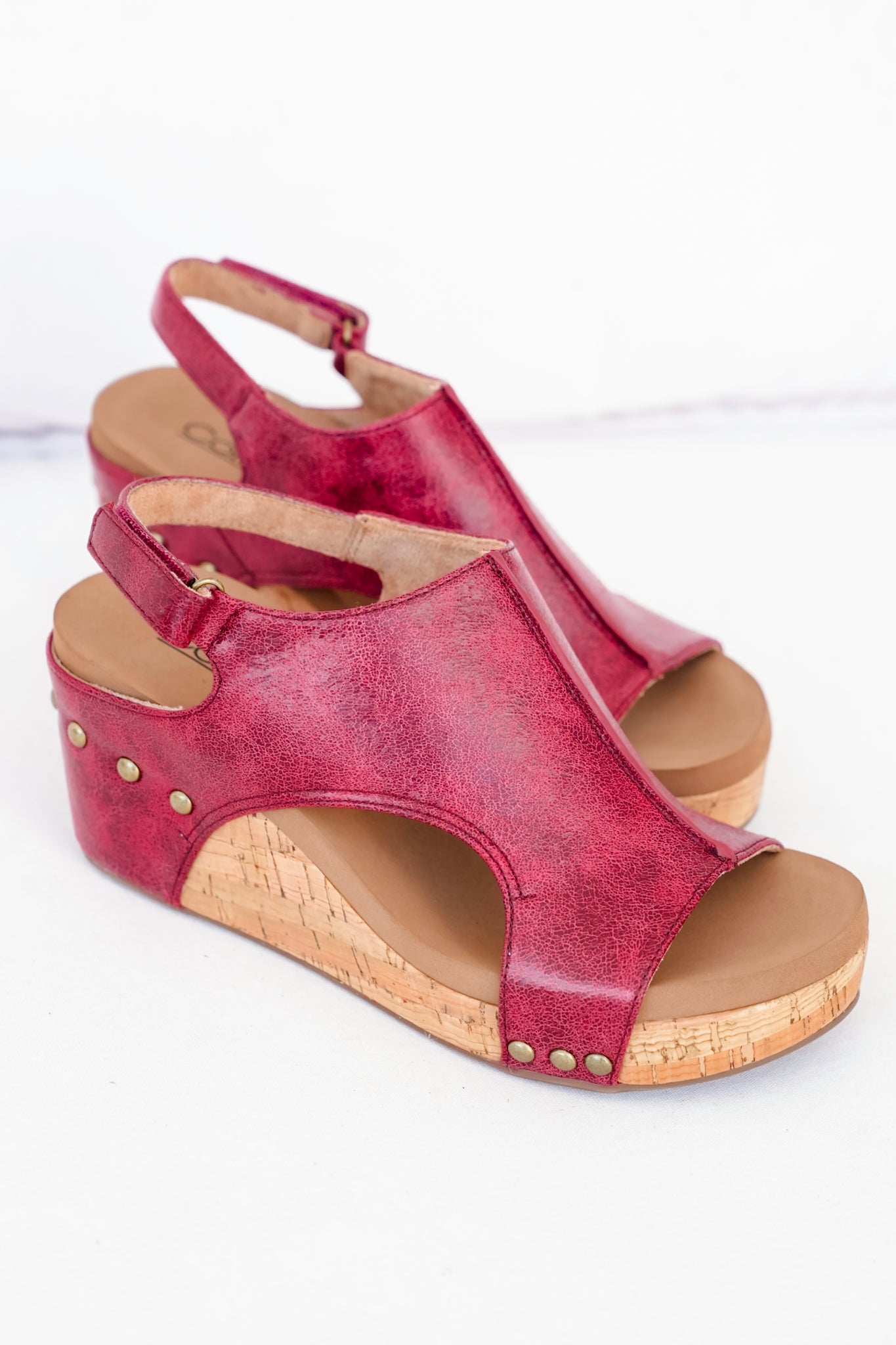 Corky's "Carley" Crackle Vegan Leather Wedge Sandal with Cork Platform and Stud Accents