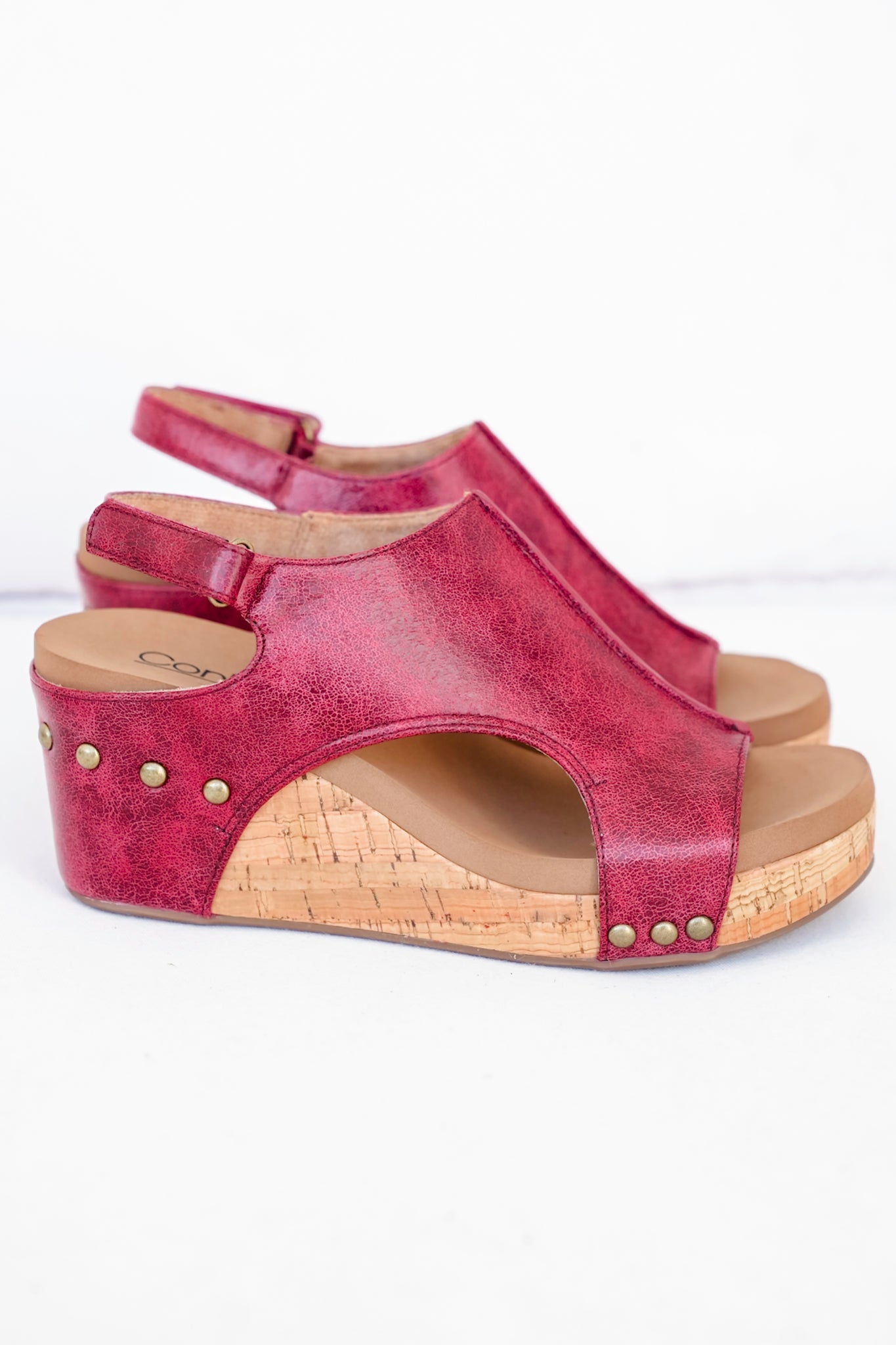 Corky's "Carley" Crackle Vegan Leather Wedge Sandal with Cork Platform and Stud Accents