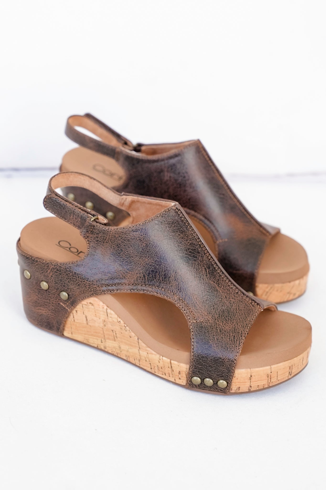 Corky's "Carley" Crackle Vegan Leather Wedge Sandal with Cork Platform and Stud Accents