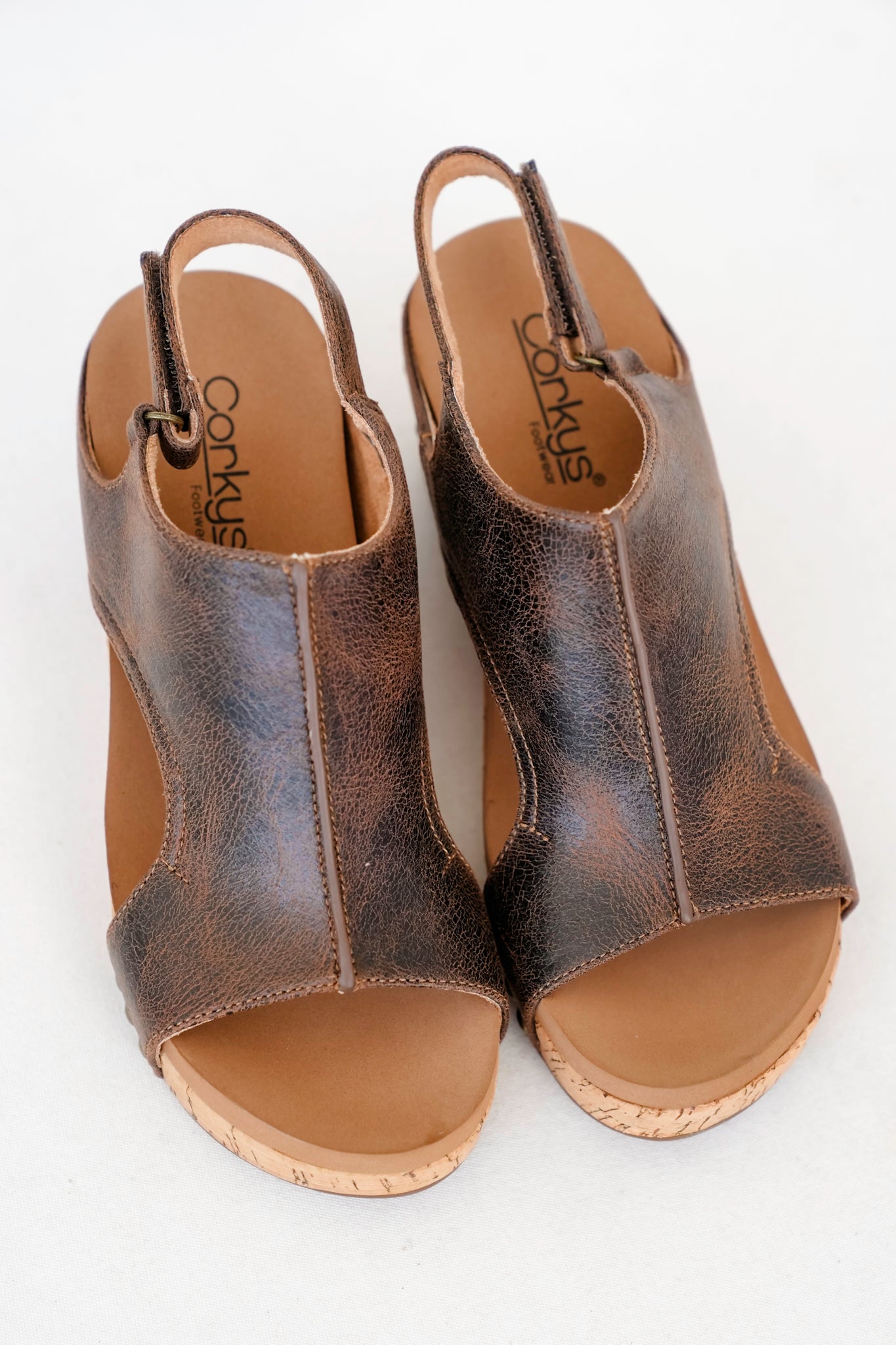 Corky's "Carley" Crackle Vegan Leather Wedge Sandal with Cork Platform and Stud Accents