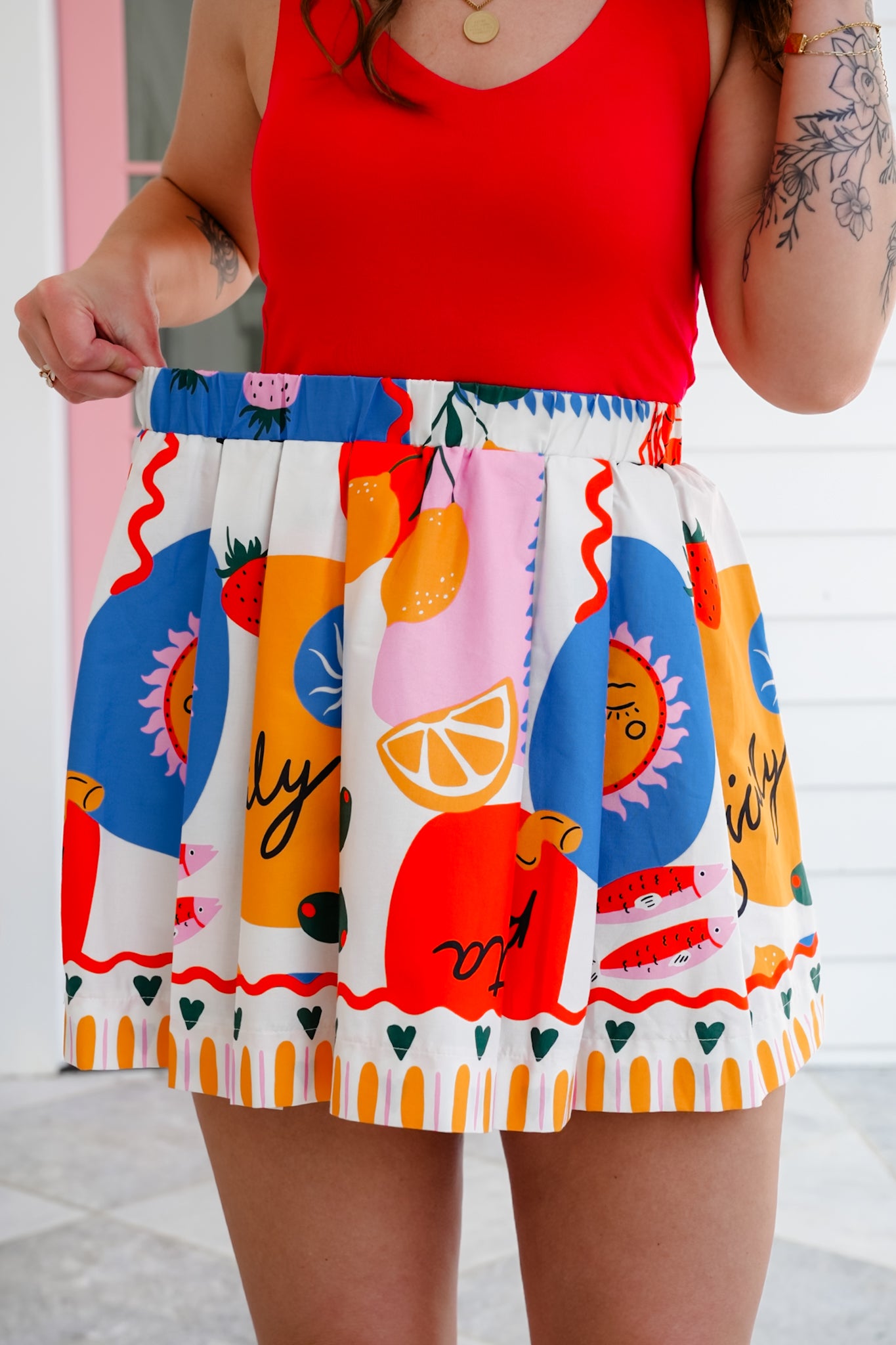 Plus/Reg Sicily Print Elastic Waist Mini Skirt