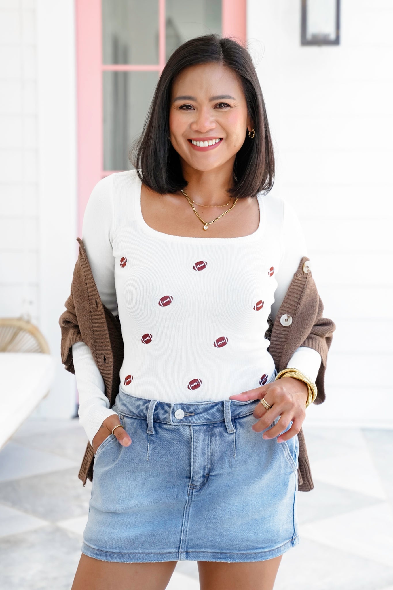Ribbed Knit Long Sleeve Square Neck Top with Football Detail