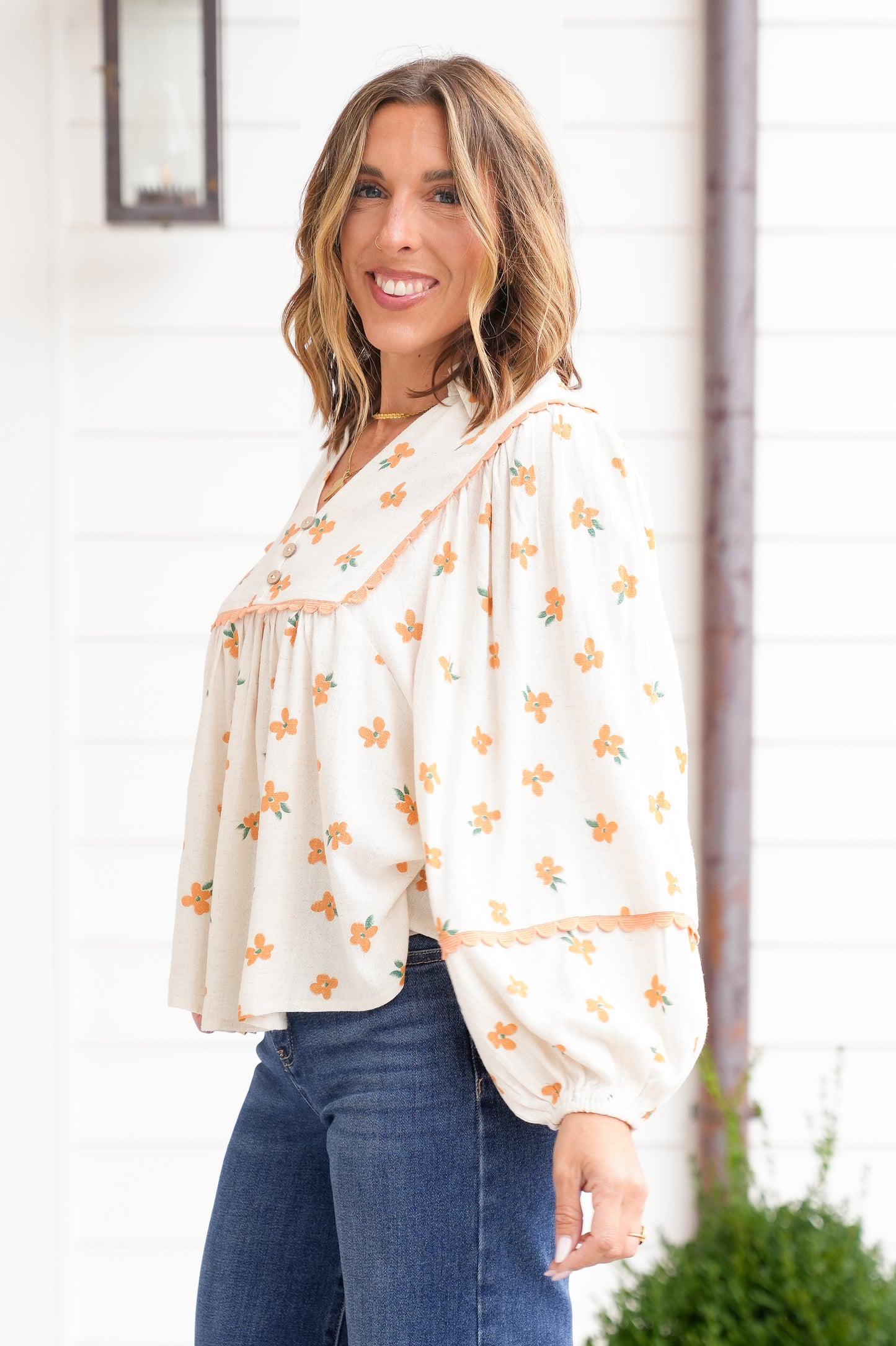 Floral Print Linen Long Sleeve Top