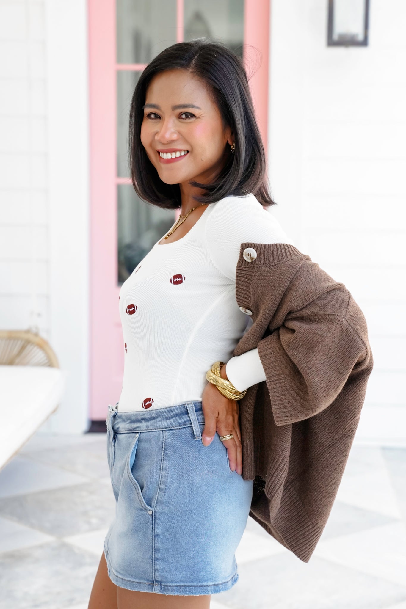 Ribbed Knit Long Sleeve Square Neck Top with Football Detail