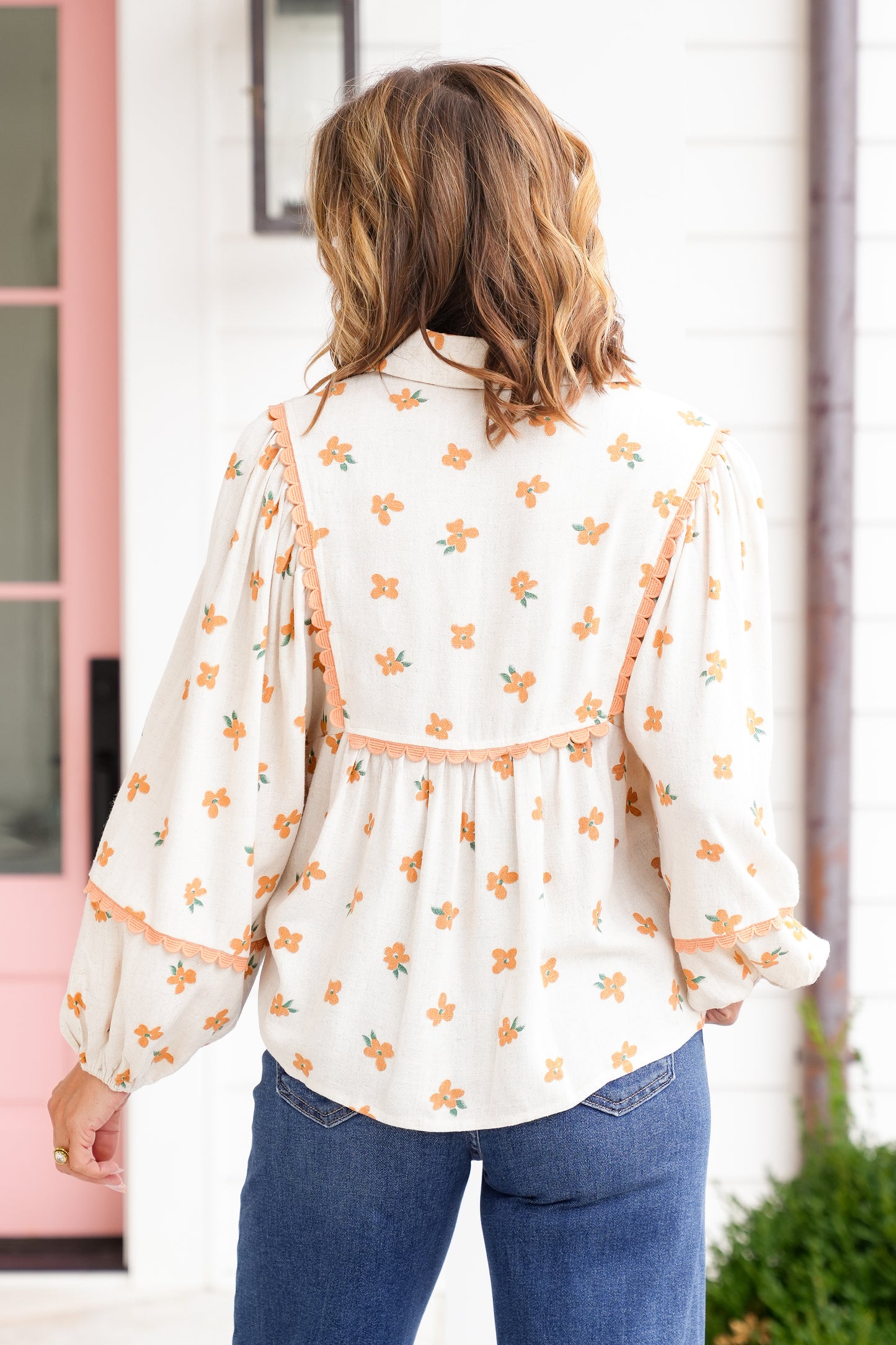 Floral Print Linen Long Sleeve Top