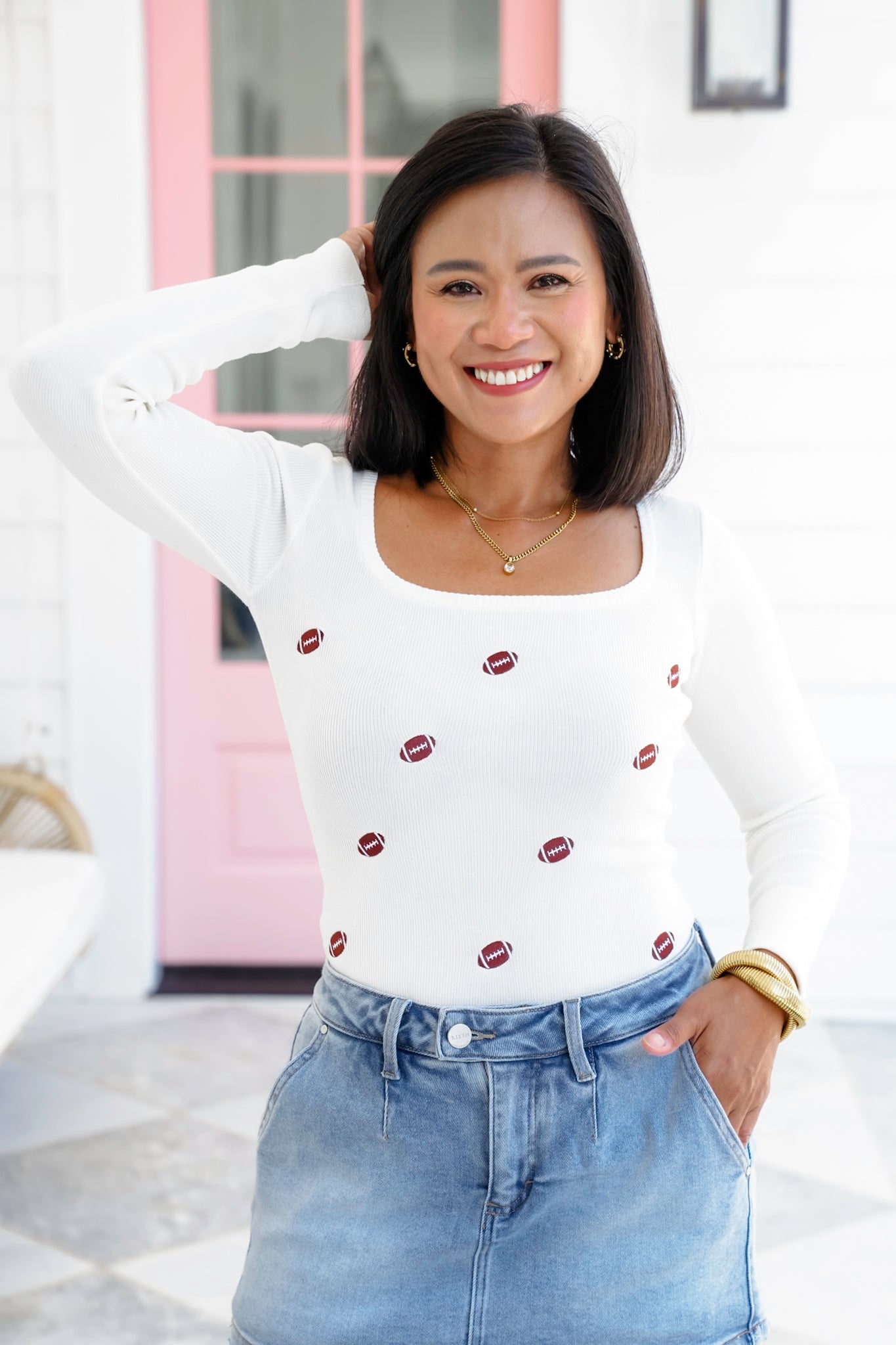 Ribbed Knit Long Sleeve Square Neck Top with Football Detail
