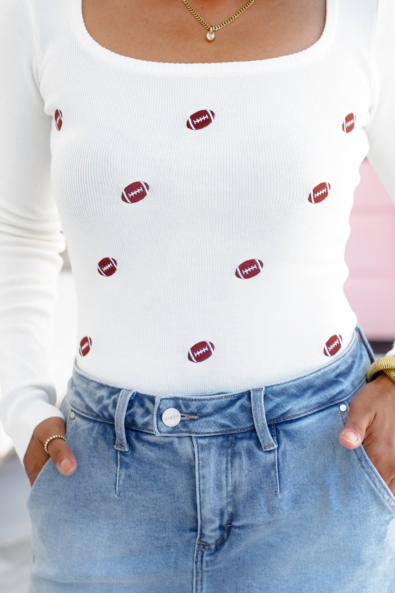 Ribbed Knit Long Sleeve Square Neck Top with Football Detail