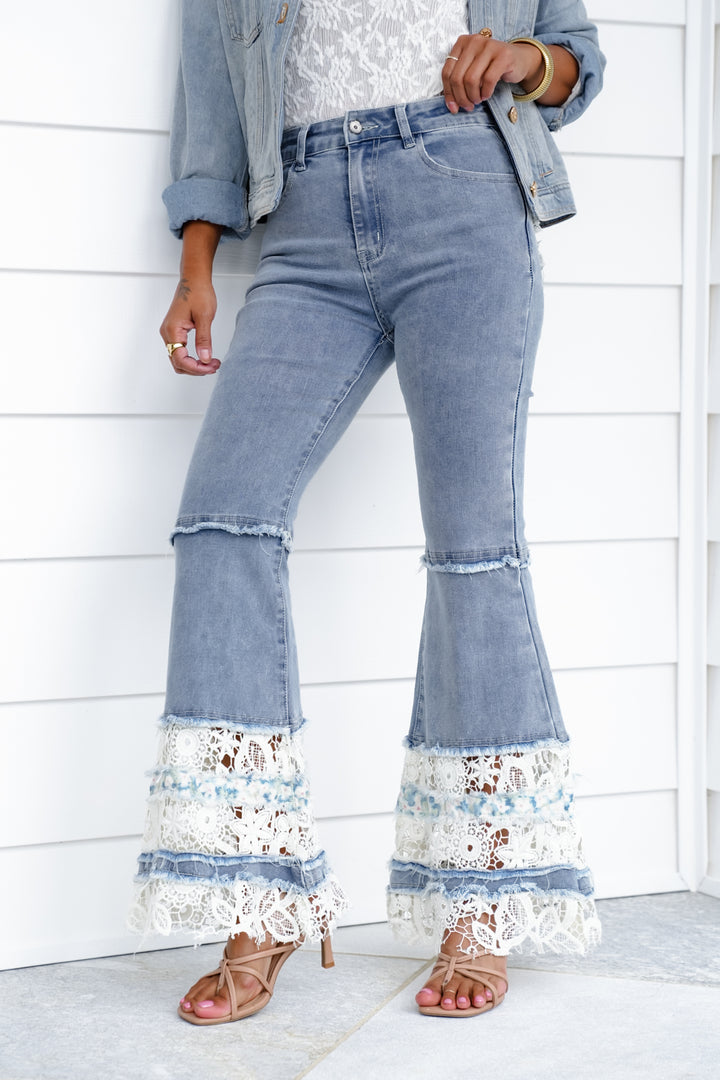 POL Denim Flare Leg Jeans with Lace - Freckled Poppy