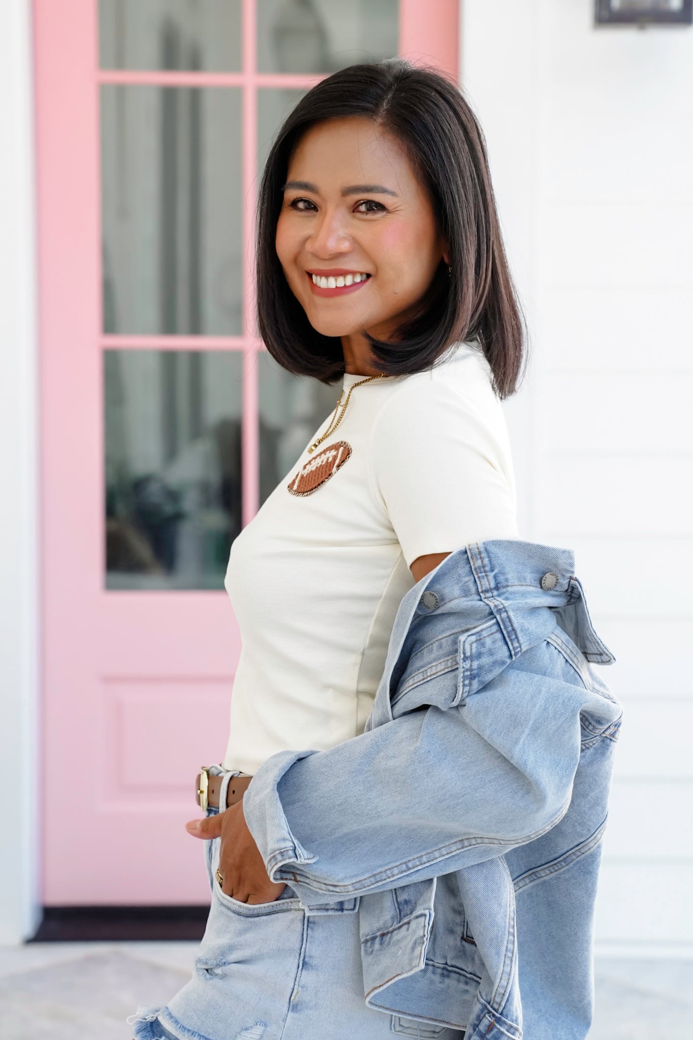 Short Sleeve Crop Top with Football Patch Detail
