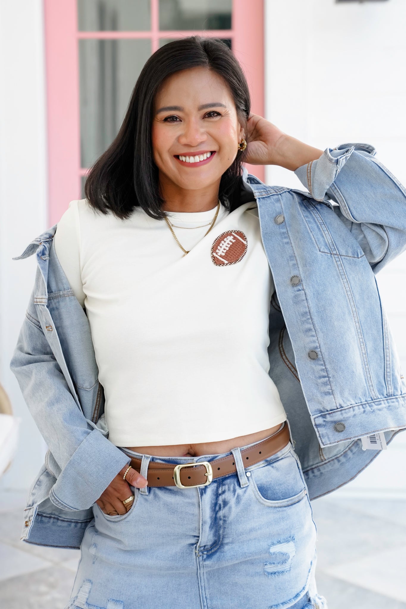 Short Sleeve Crop Top with Football Patch Detail