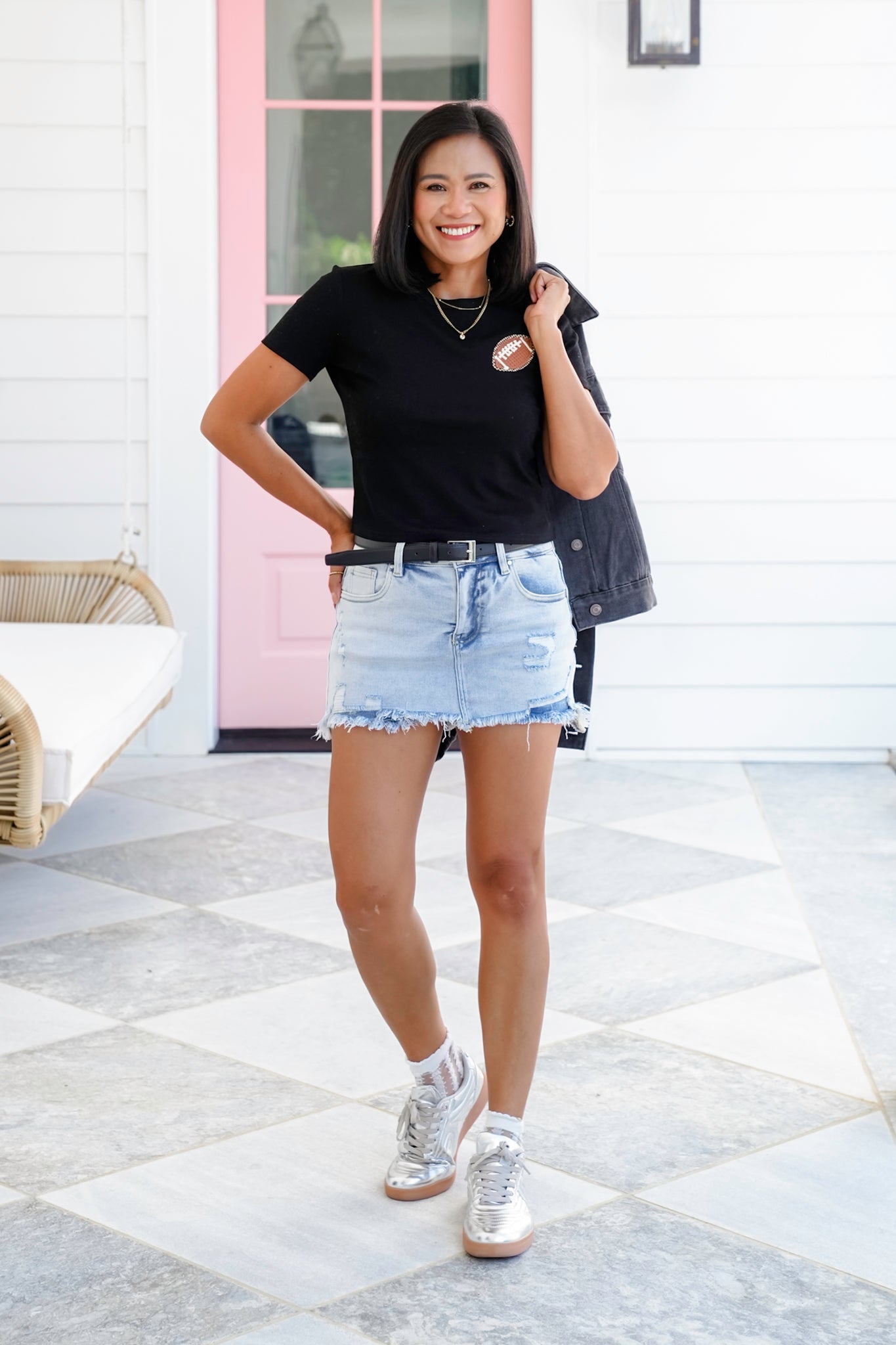 Short Sleeve Crop Top with Football Patch Detail