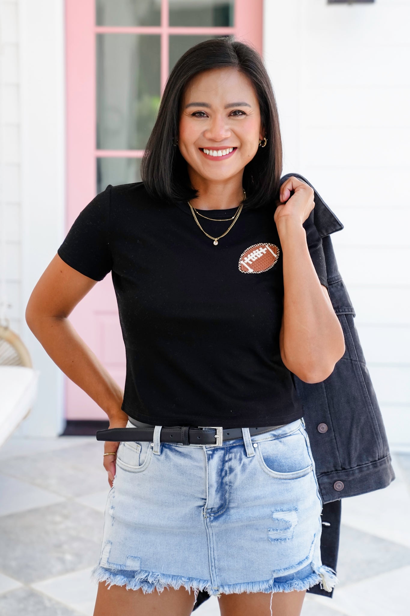 Short Sleeve Crop Top with Football Patch Detail