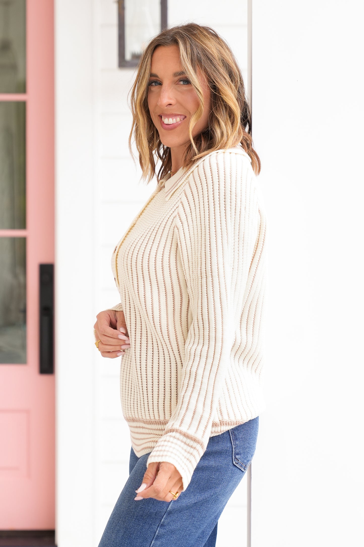 Two Tone Long Sleeve Button Up Sweater