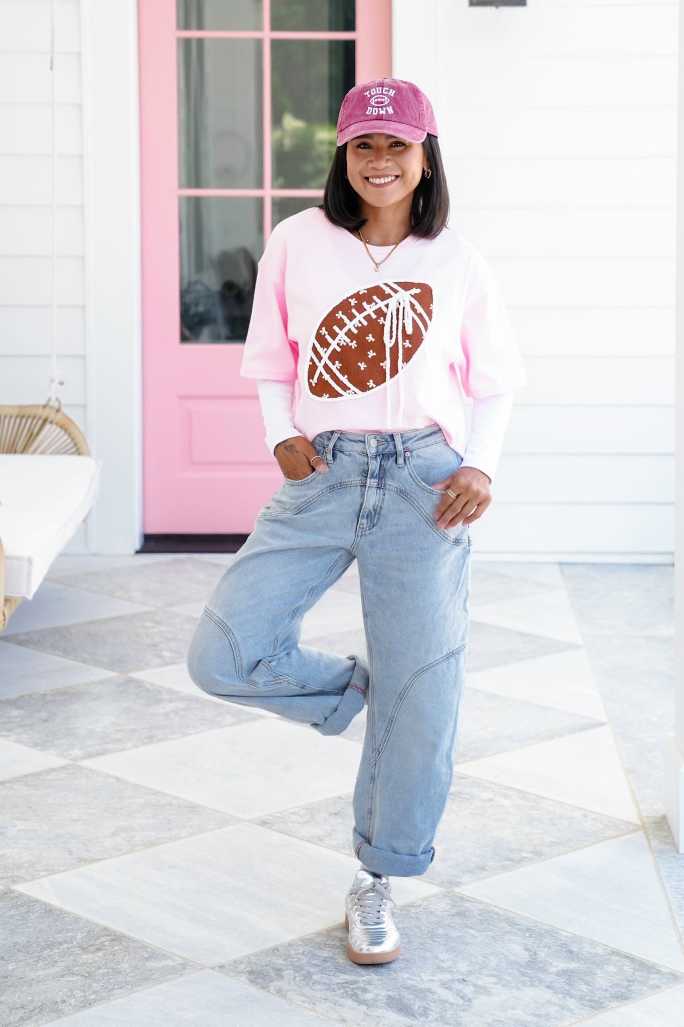 Short Sleeve Round Neck Top with Football Detail