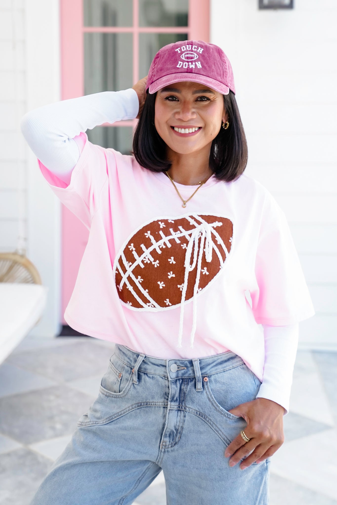 Short Sleeve Round Neck Top with Football Detail