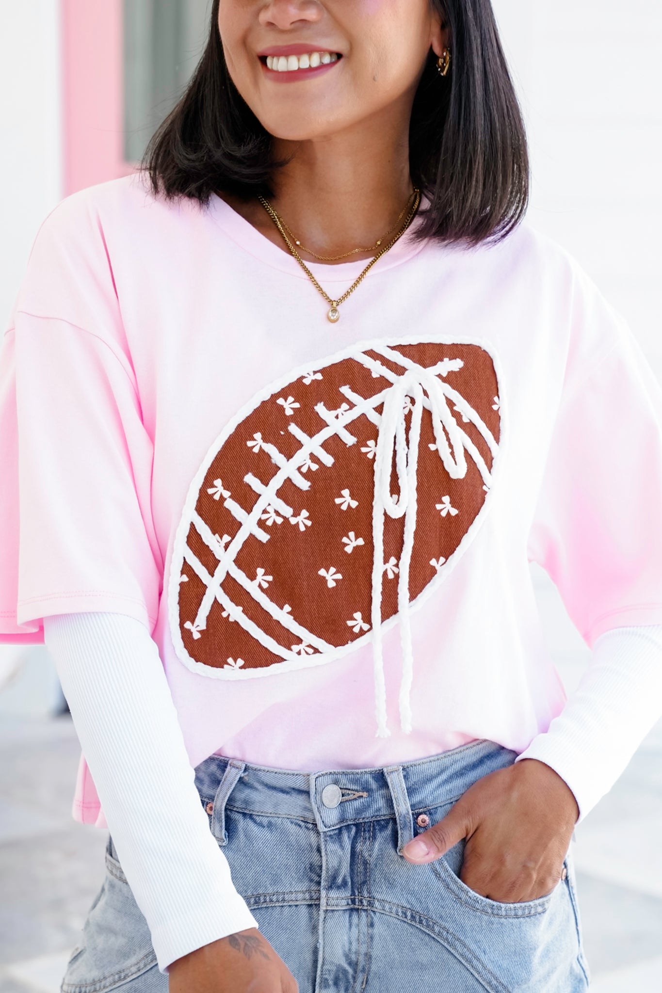 Short Sleeve Round Neck Top with Football Detail