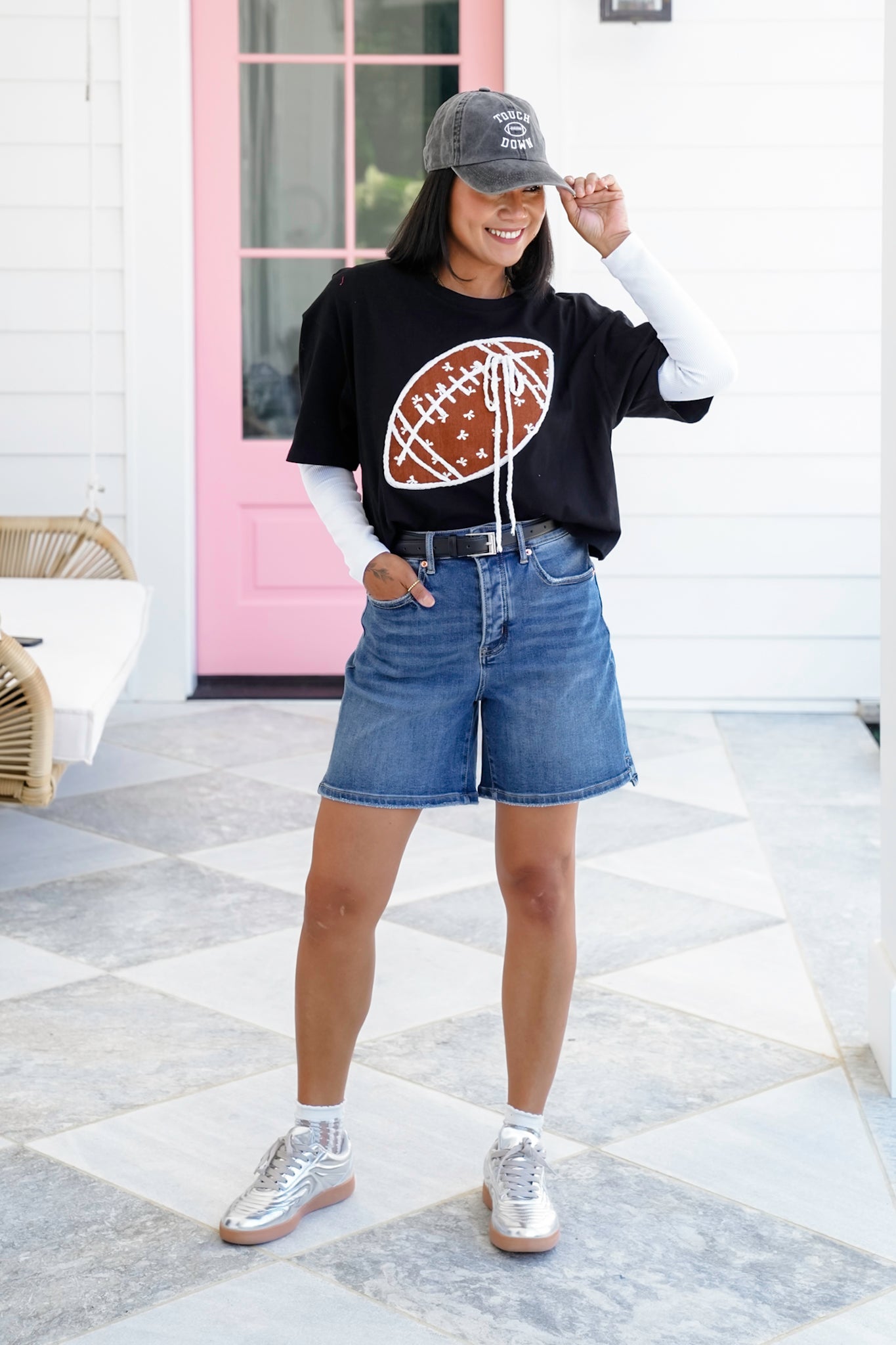 Short Sleeve Round Neck Top with Football Detail