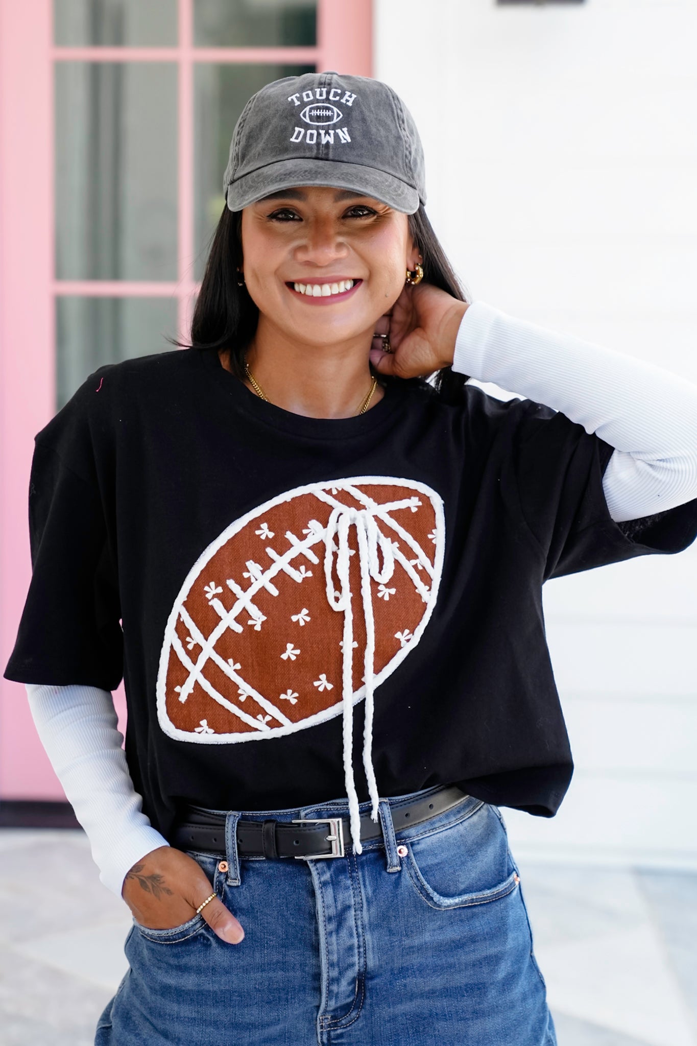 Short Sleeve Round Neck Top with Football Detail