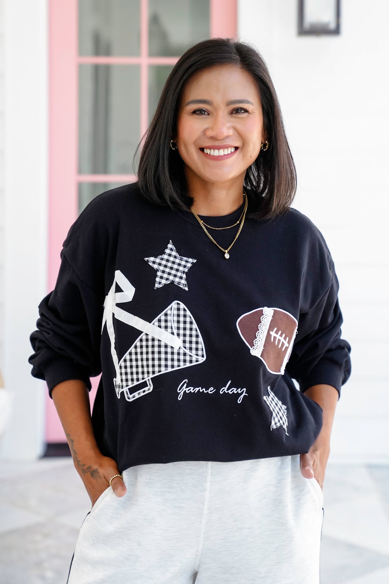Patchwork Game Day Long Sleeve Pullover Sweatshirt