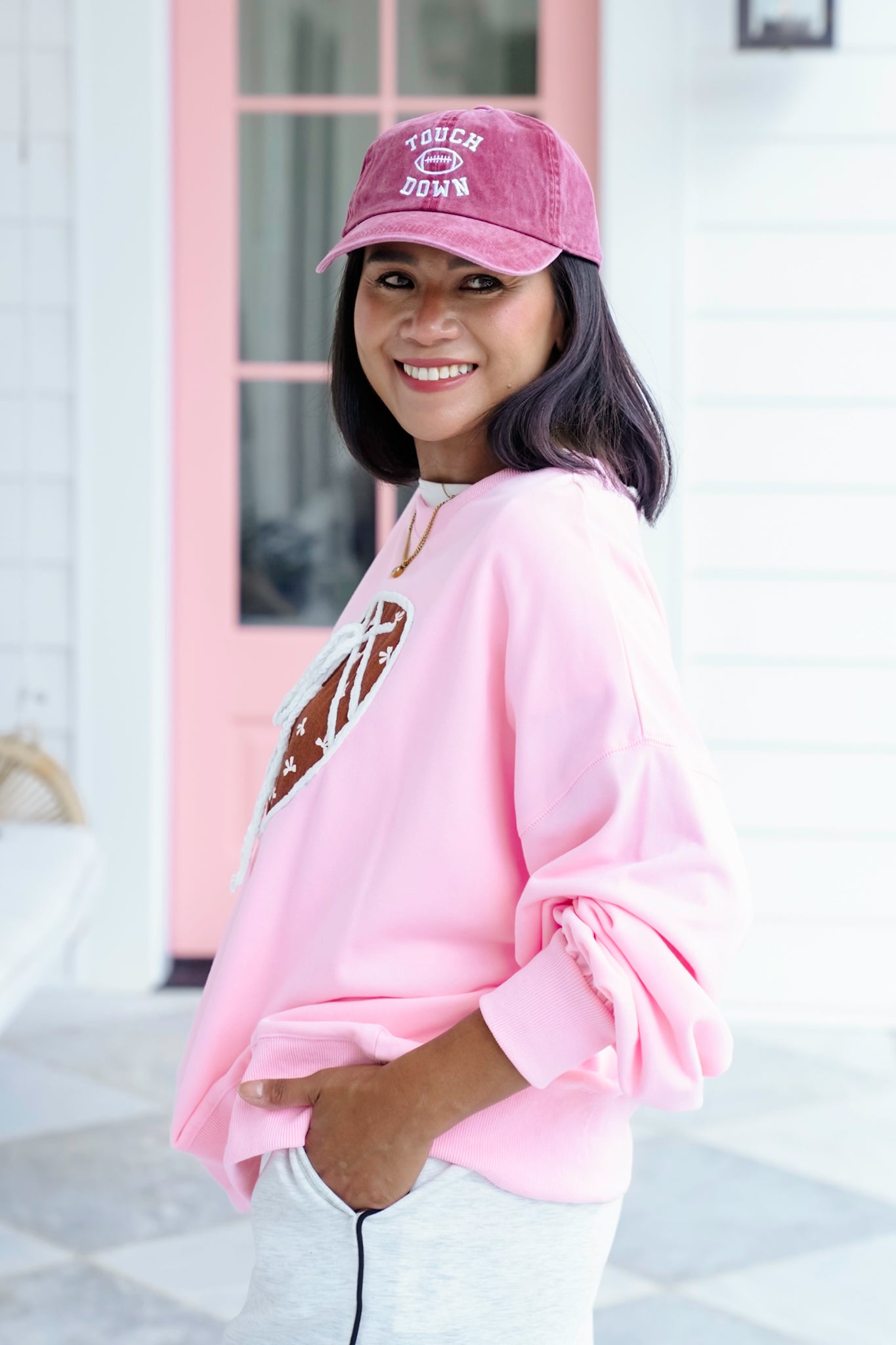 Pink Long Sleeve Round Neck Sweatshirt with Football Detail