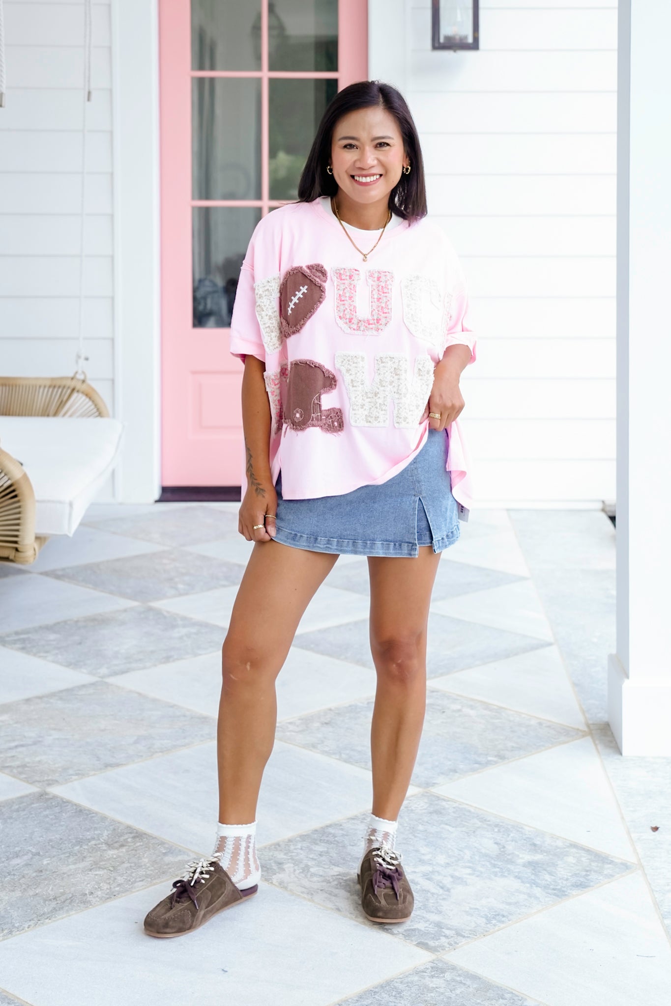 Short Sleeve "Touch Down" Patchwork Top