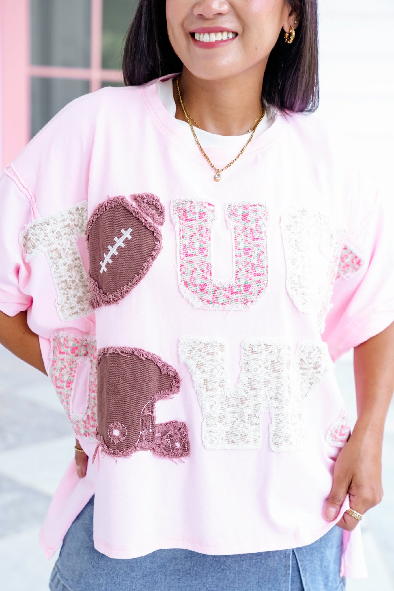 Short Sleeve "Touch Down" Patchwork Top