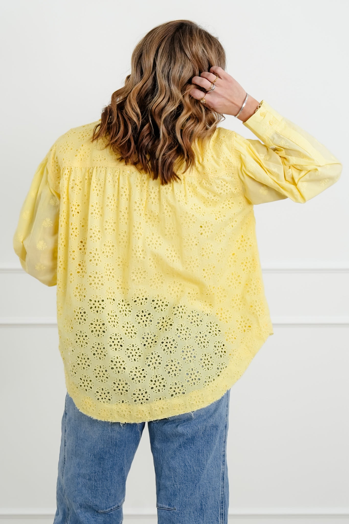 Eyelet Long Sleeve Button Down Top