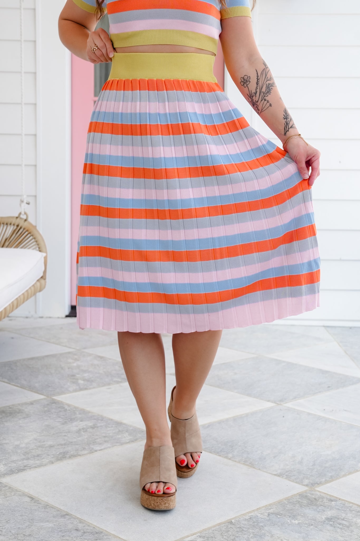 Stripe Short Sleeve Knit Top and Pleated Skirt Set