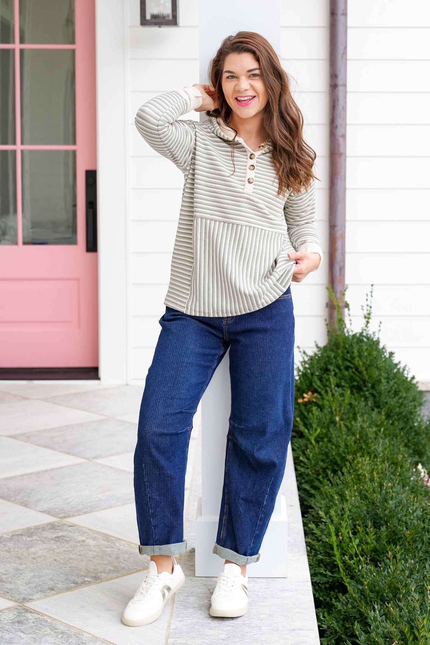 Stripe Long Sleeve Button Up Hooded Top